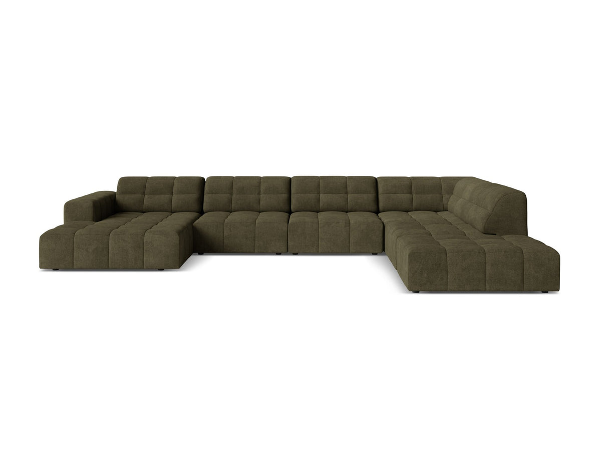 Panoramasofa Jennifer von Micadoni in leichtem Beige, Ecksofa rechts mit Bluvel-Stoffbezug, Rückenlehne und schwarzen Kunststoffbeinen aus Polypropylen.
