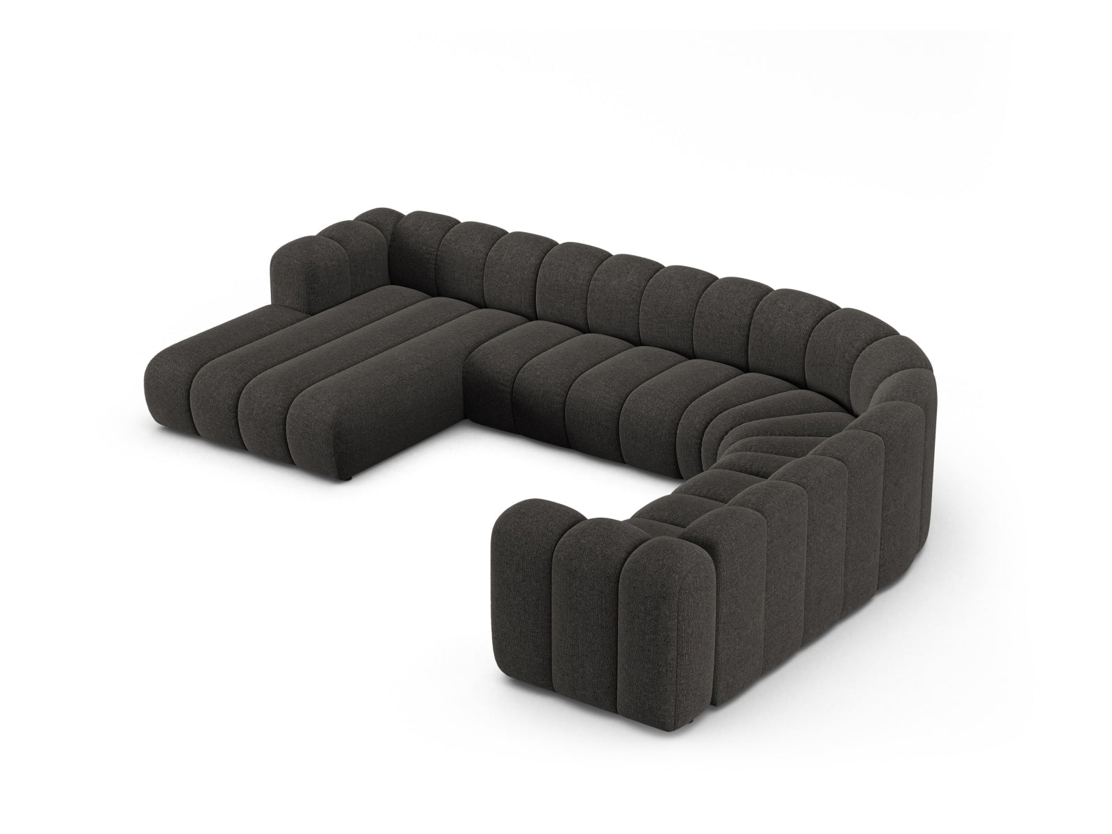 Modernes Lupine Modular Panoramic Ecksofa rechts für 6 Personen in edlem Dunkelgrau, perfekt für gemütliche und stilvolle Wohnzimmer.