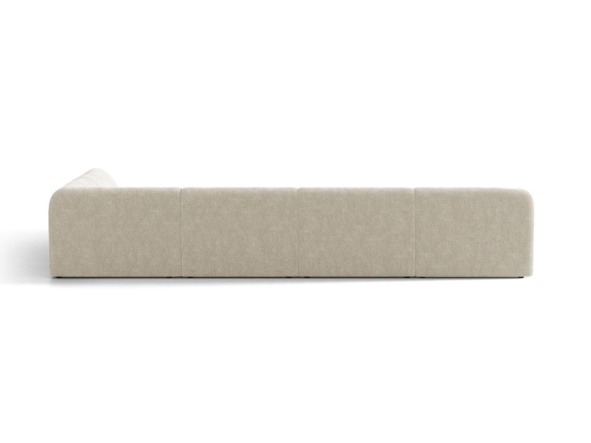 Dunkelbeiges Ecksofa rechts Miley von Micadoni mit Stoffbezug Bluvel, schwarzen Kunststoffbeinen und niedriger Rückenlehne.