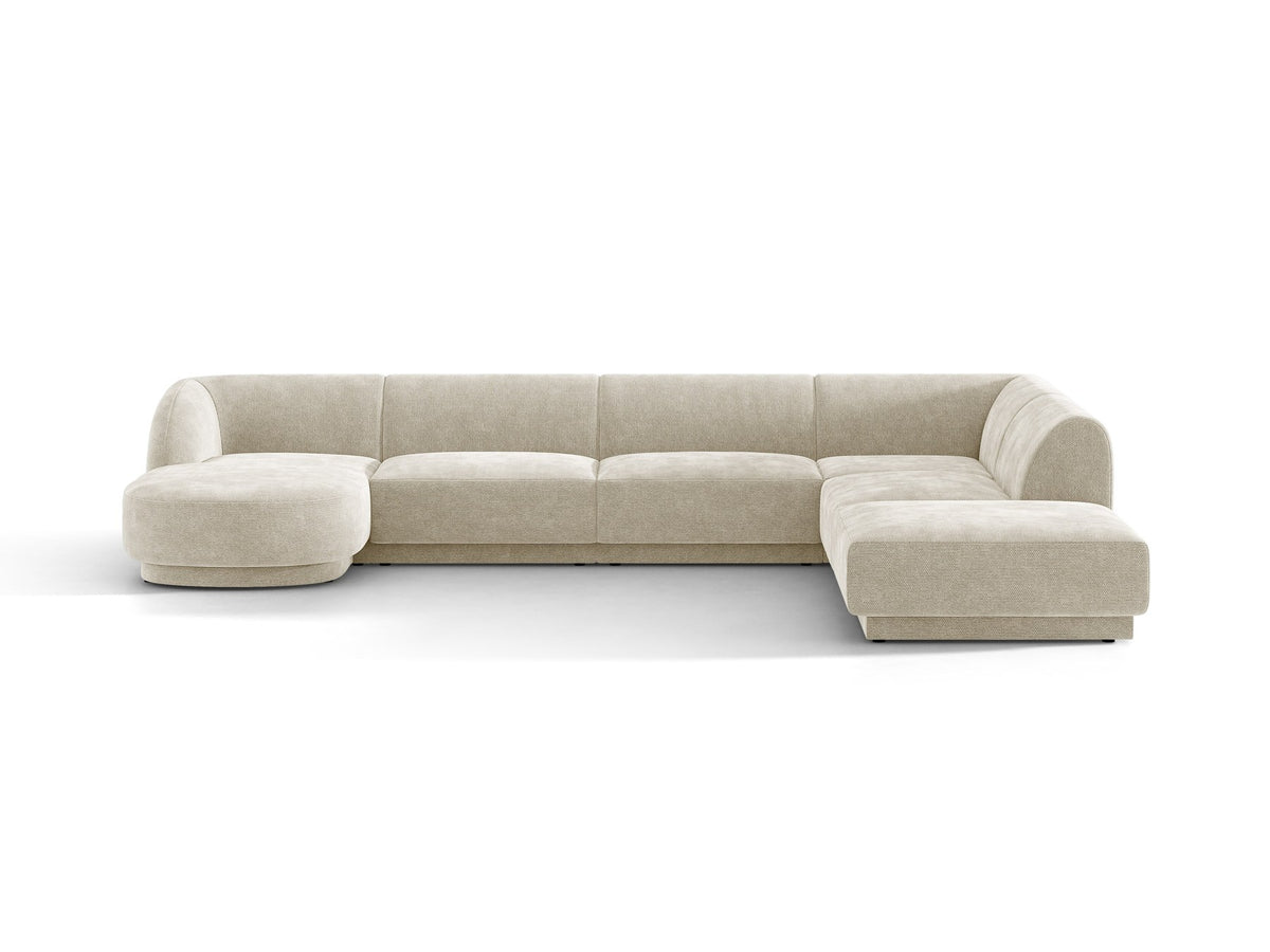 Dunkelbeiges Ecksofa rechts Miley von Micadoni mit Stoffbezug Bluvel, schwarzen Kunststoffbeinen und niedriger Rückenlehne.