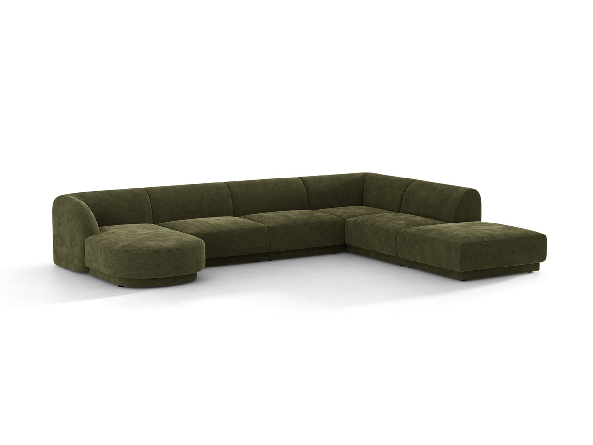 Dunkelbeiges Ecksofa rechts Miley von Micadoni mit Stoffbezug Bluvel, schwarzen Kunststoffbeinen und niedriger Rückenlehne.