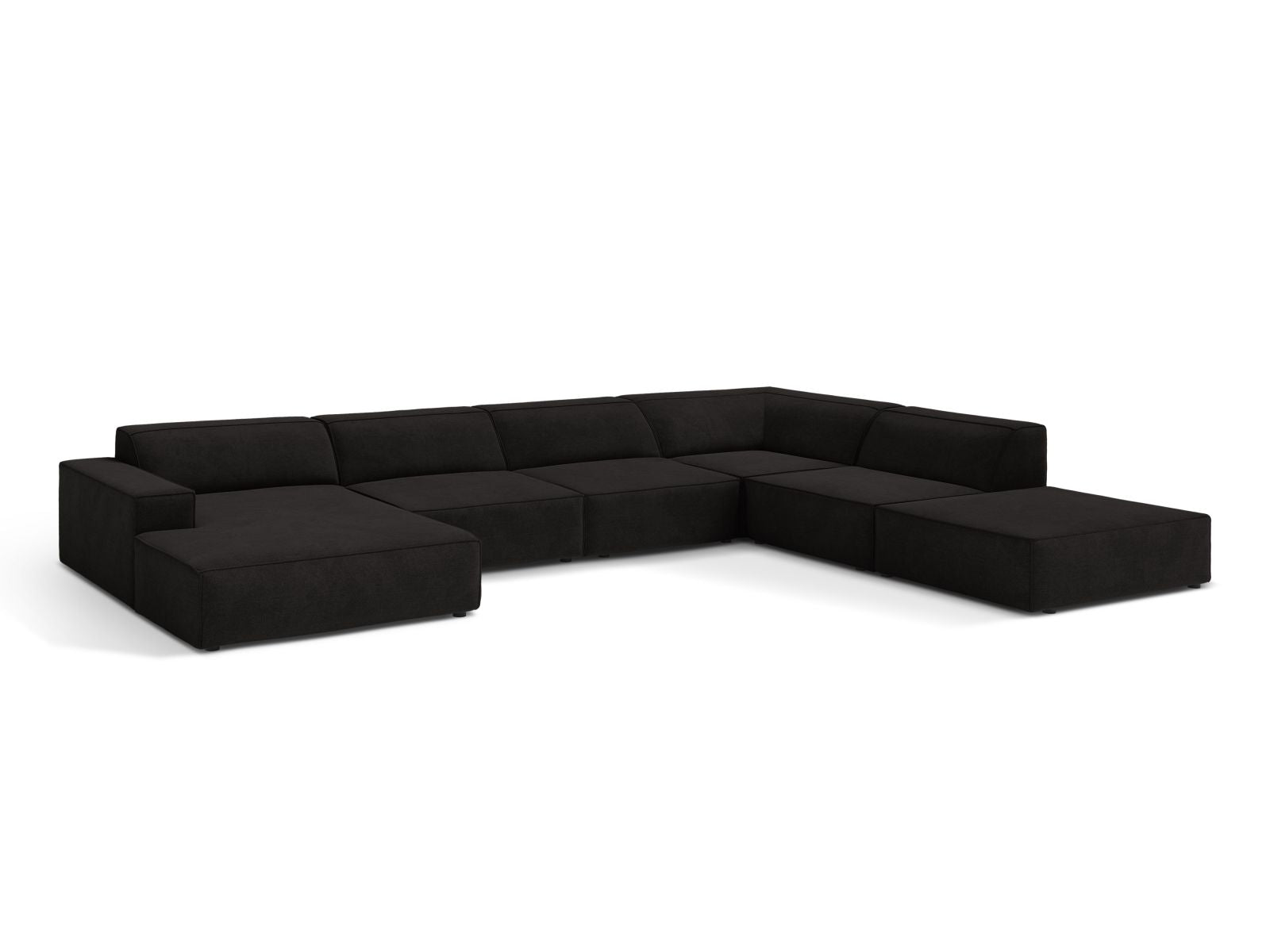 Elegantes 7-Sitzer Ecksofa Jodie in Schwarz, ideal für moderne Wohnräume, mit modularer Bauweise für individuelle Gestaltung.