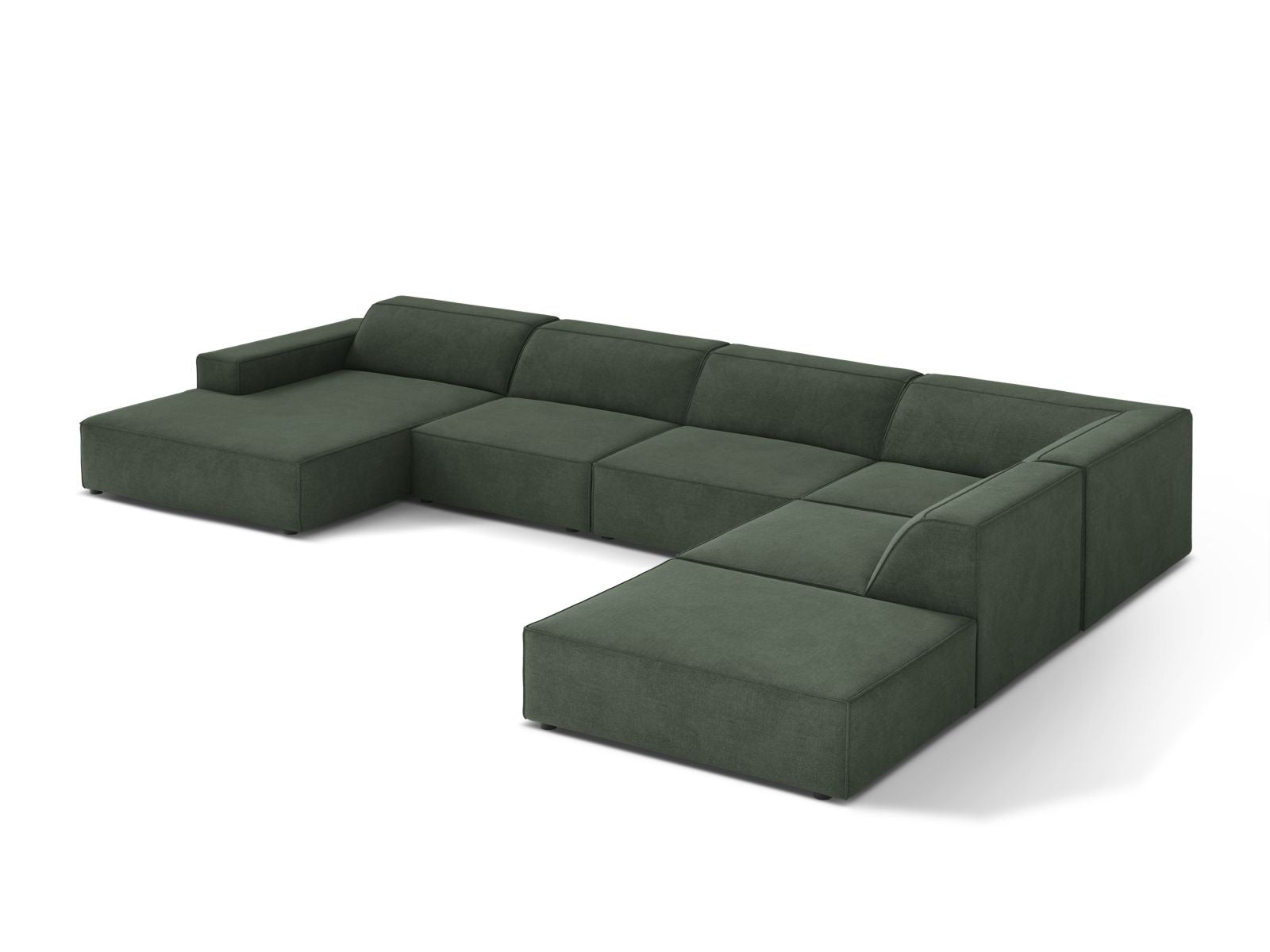 Stilvolles 7-Sitzer Ecksofa Panoramic Jodie in Moss Green-Liberty, ideal für gemütliche Zusammenkünfte und elegantes Wohnen.