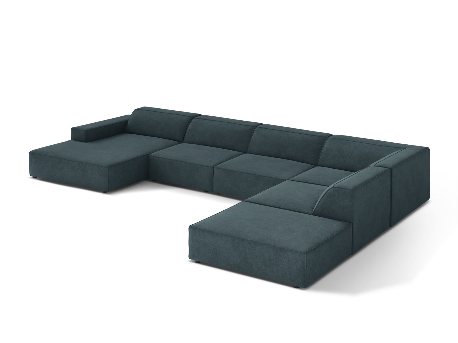 Elegantes 7-Sitzer Ecksofa Jodie in stilvollem Petrol, ideal für gesellige Abende und entspannte Stunden in Ihrem Wohnraum.