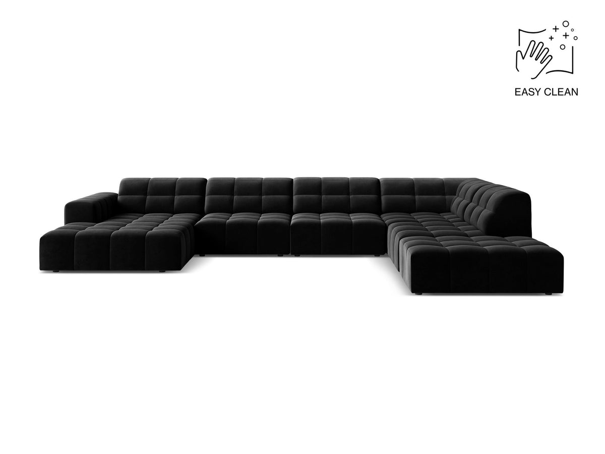 Panoramasofa Jennifer von Micadoni in leichtem Beige, Ecksofa rechts mit Bluvel-Stoffbezug, Rückenlehne und schwarzen Kunststoffbeinen aus Polypropylen.