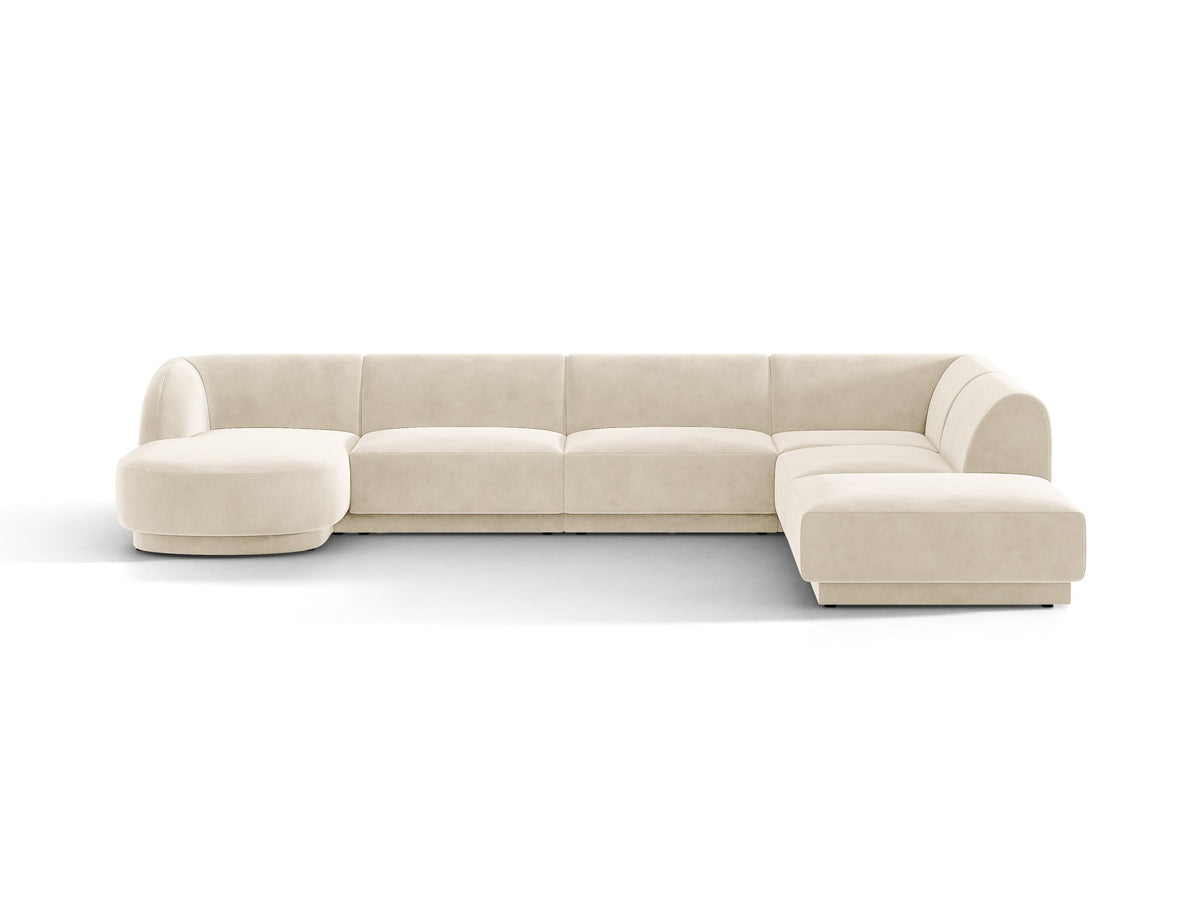 Dunkelbeiges Ecksofa rechts Miley von Micadoni mit Stoffbezug Bluvel, schwarzen Kunststoffbeinen und niedriger Rückenlehne.