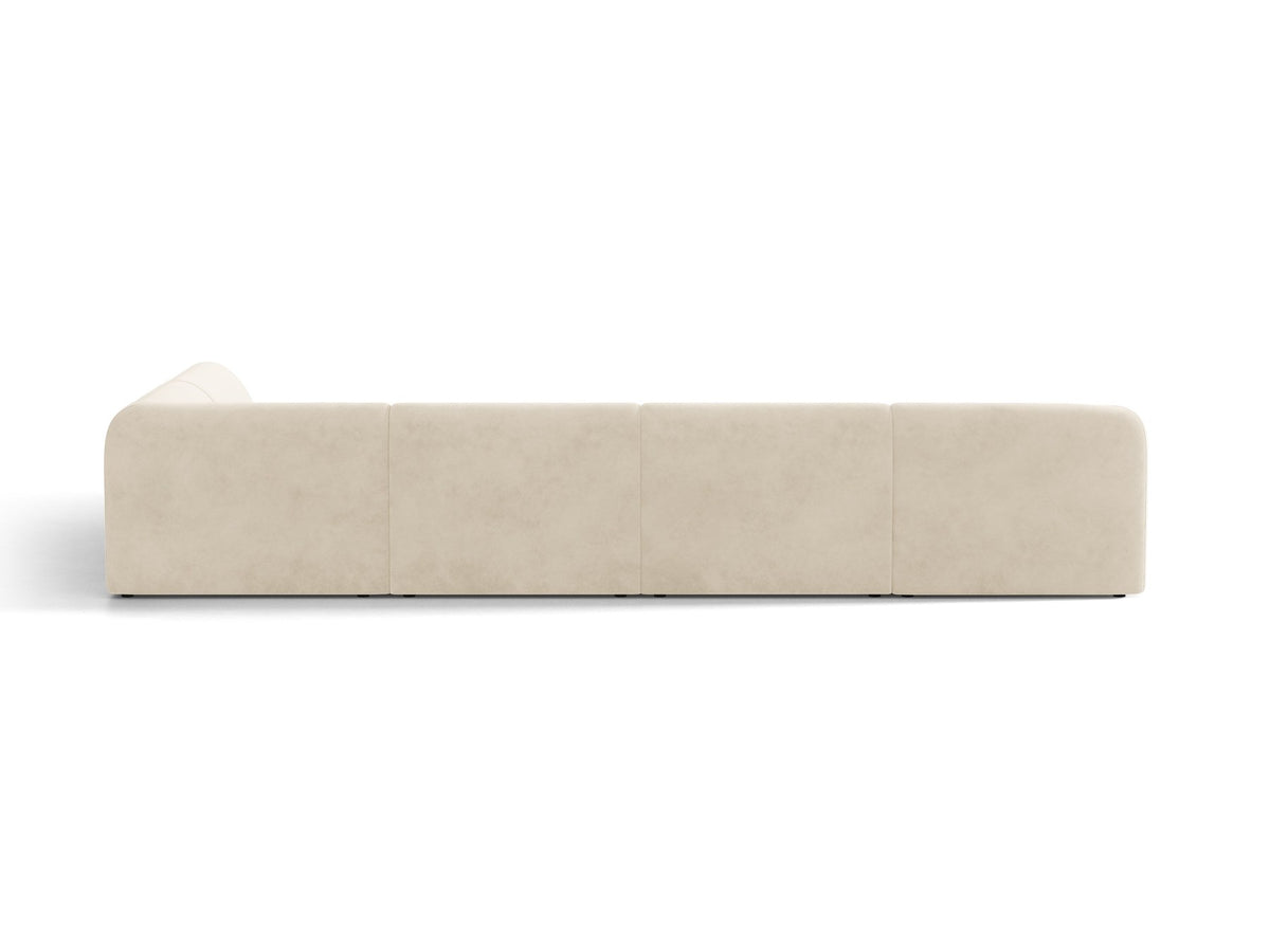 Dunkelbeiges Ecksofa rechts Miley von Micadoni mit Stoffbezug Bluvel, schwarzen Kunststoffbeinen und niedriger Rückenlehne.