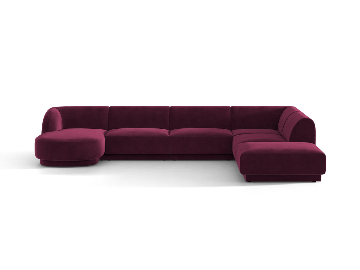 Dunkelbeiges Ecksofa rechts Miley von Micadoni mit Stoffbezug Bluvel, schwarzen Kunststoffbeinen und niedriger Rückenlehne.