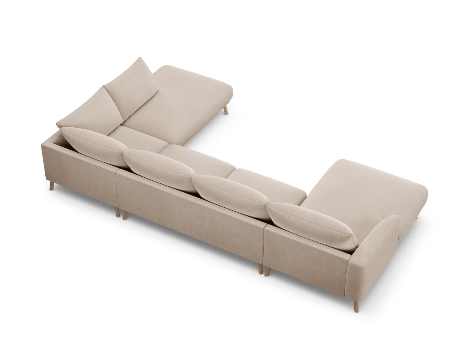 Modernes 6-Sitzer Panoramic Ecksofa rechts Naomi in sanftem Beige, perfekt für entspannte Abende und einladende Wohnzimmer.
