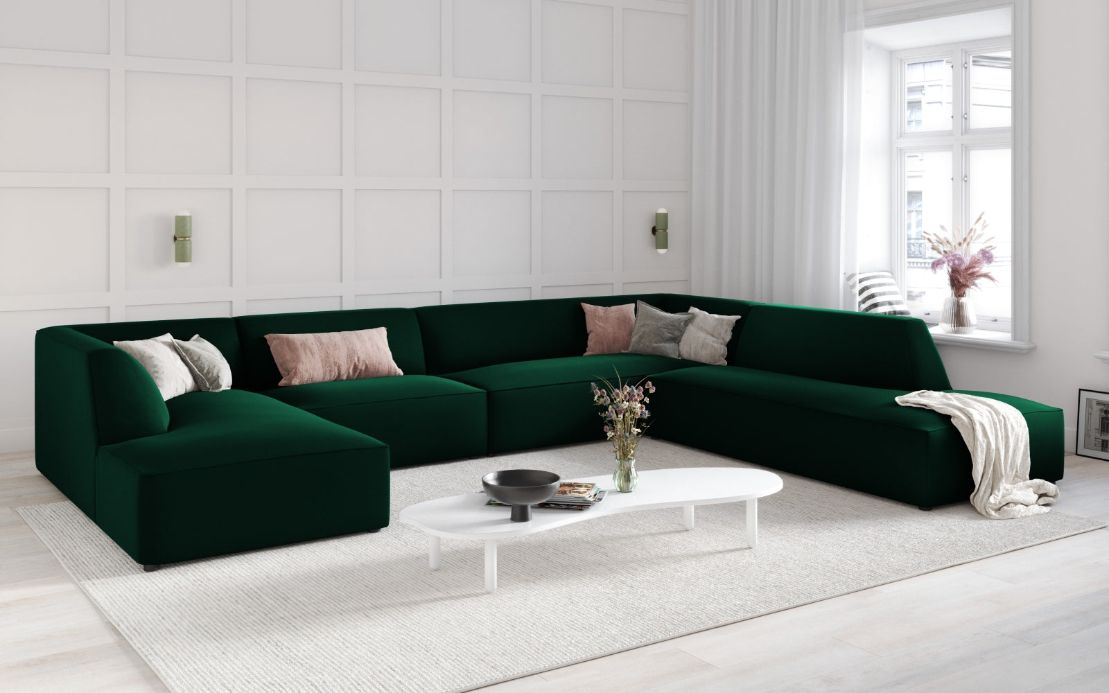 Ruby Velour Panoramic Ecksofa rechts 7 Sitzer in Bottle Green präsentiert im Onlineshop von KAQTU Design AG. Ecksofa rechts ist von Micadoni