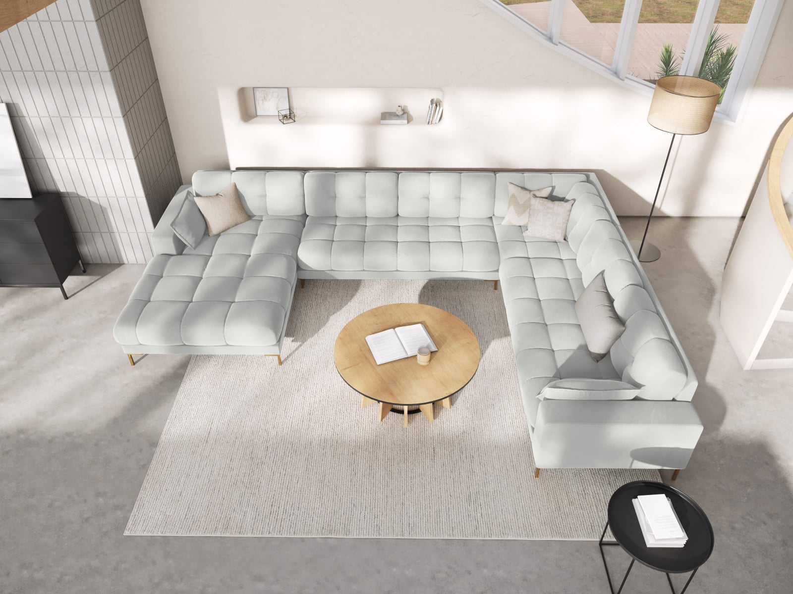 Mamaia Velour Panoramic Ecksofa rechts 7 Sitzer in Silver/Gold präsentiert im Onlineshop von KAQTU Design AG. Ecksofa rechts ist von Micadoni