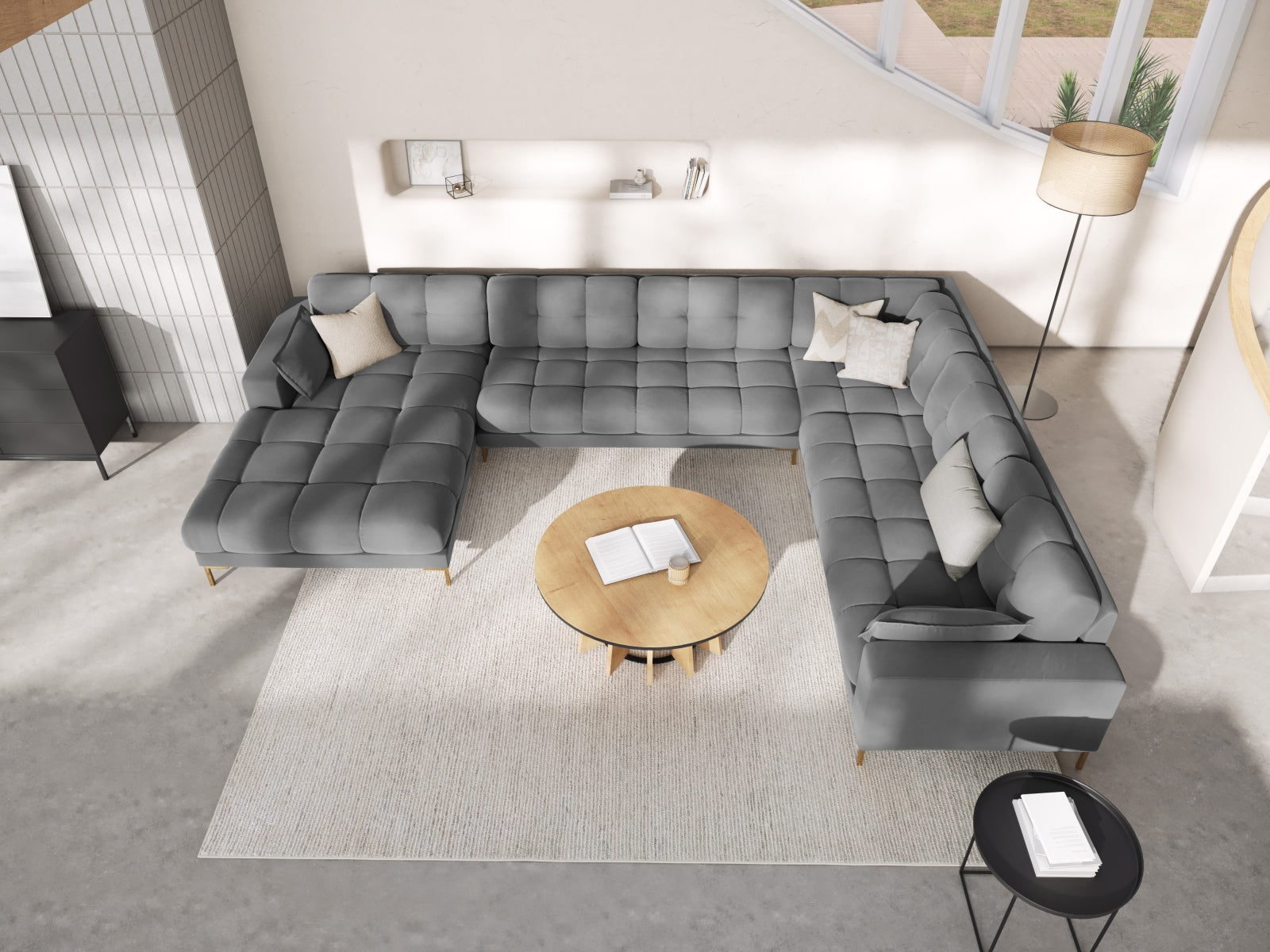 Mamaia Velour Panoramic Ecksofa rechts 7 Sitzer in Light Grey/Gold präsentiert im Onlineshop von KAQTU Design AG. Ecksofa rechts ist von Micadoni