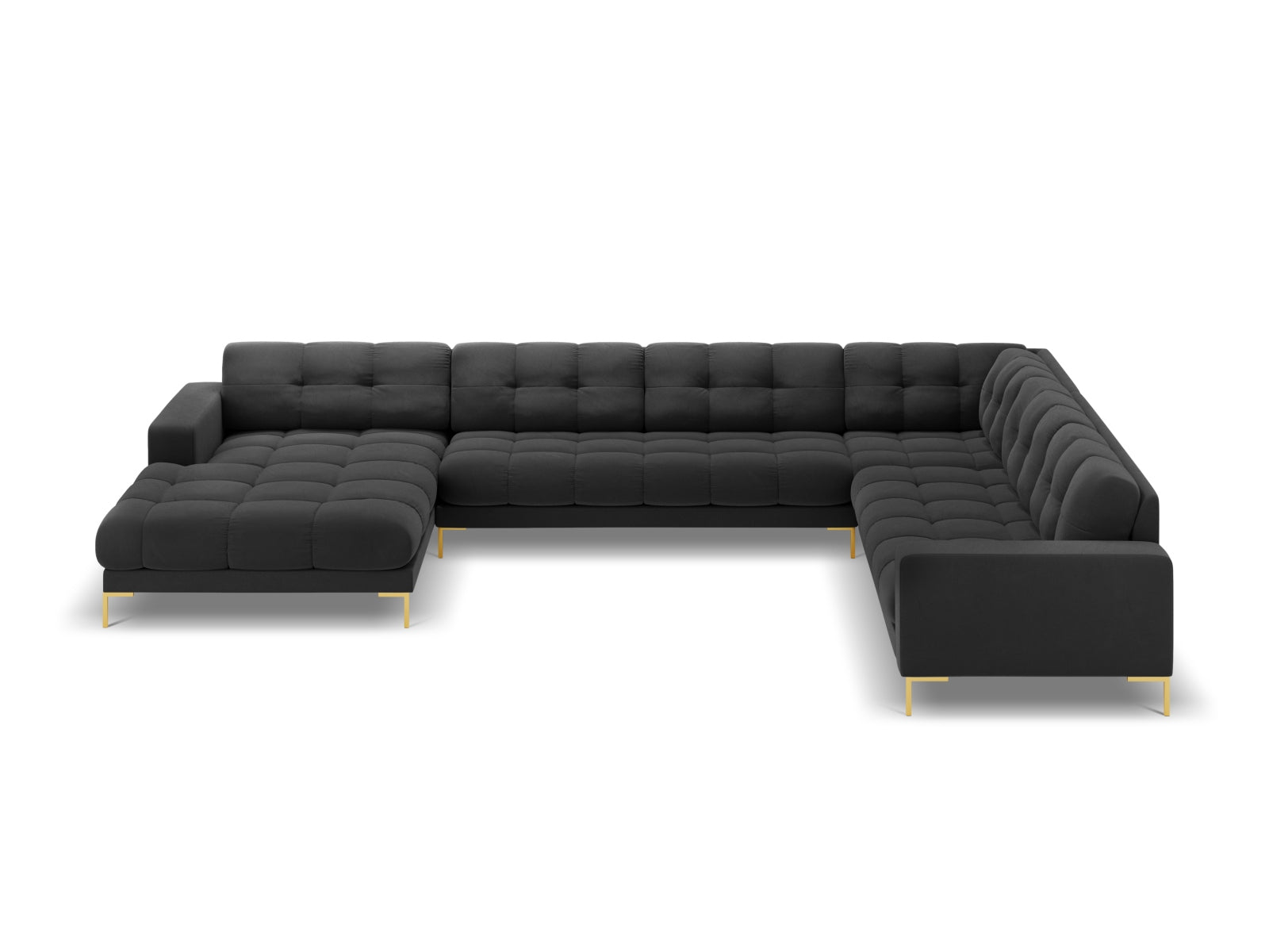 Mamaia Velour Panoramic Ecksofa rechts 7 Sitzer in Dark Grey/Gold präsentiert im Onlineshop von KAQTU Design AG. Ecksofa rechts ist von Micadoni