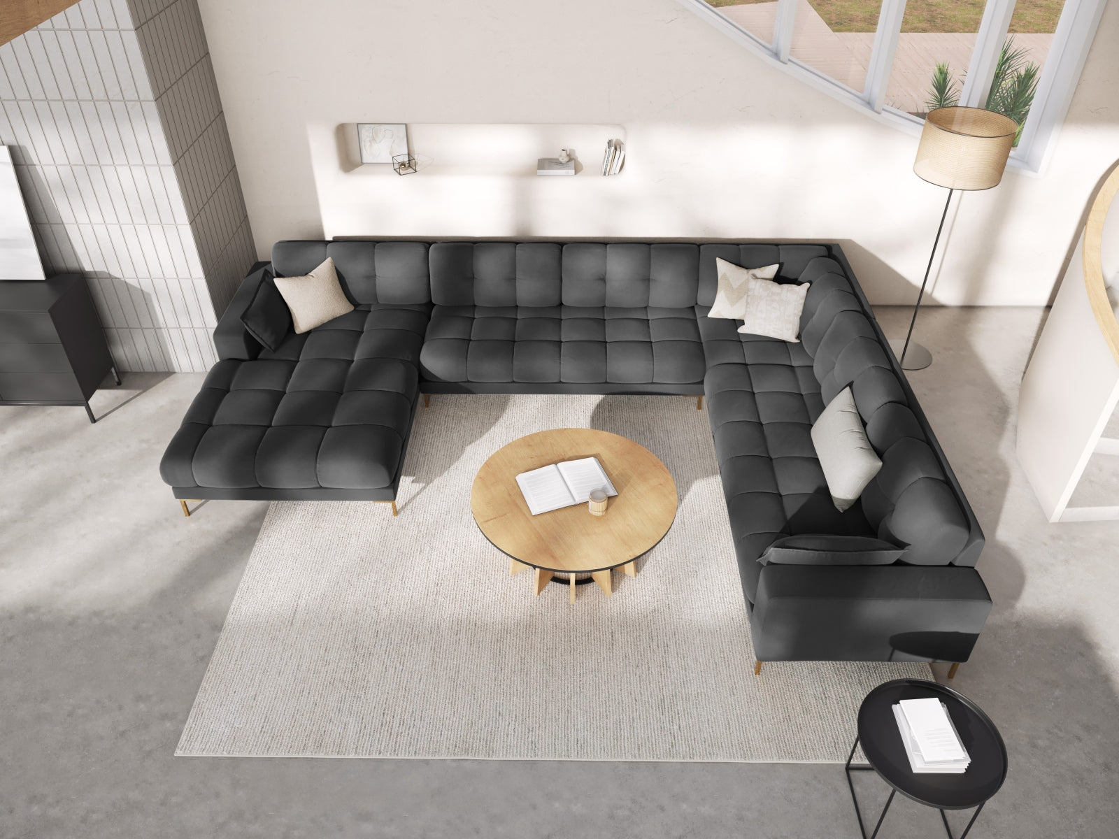 Mamaia Velour Panoramic Ecksofa rechts 7 Sitzer in Dark Grey/Gold präsentiert im Onlineshop von KAQTU Design AG. Ecksofa rechts ist von Micadoni