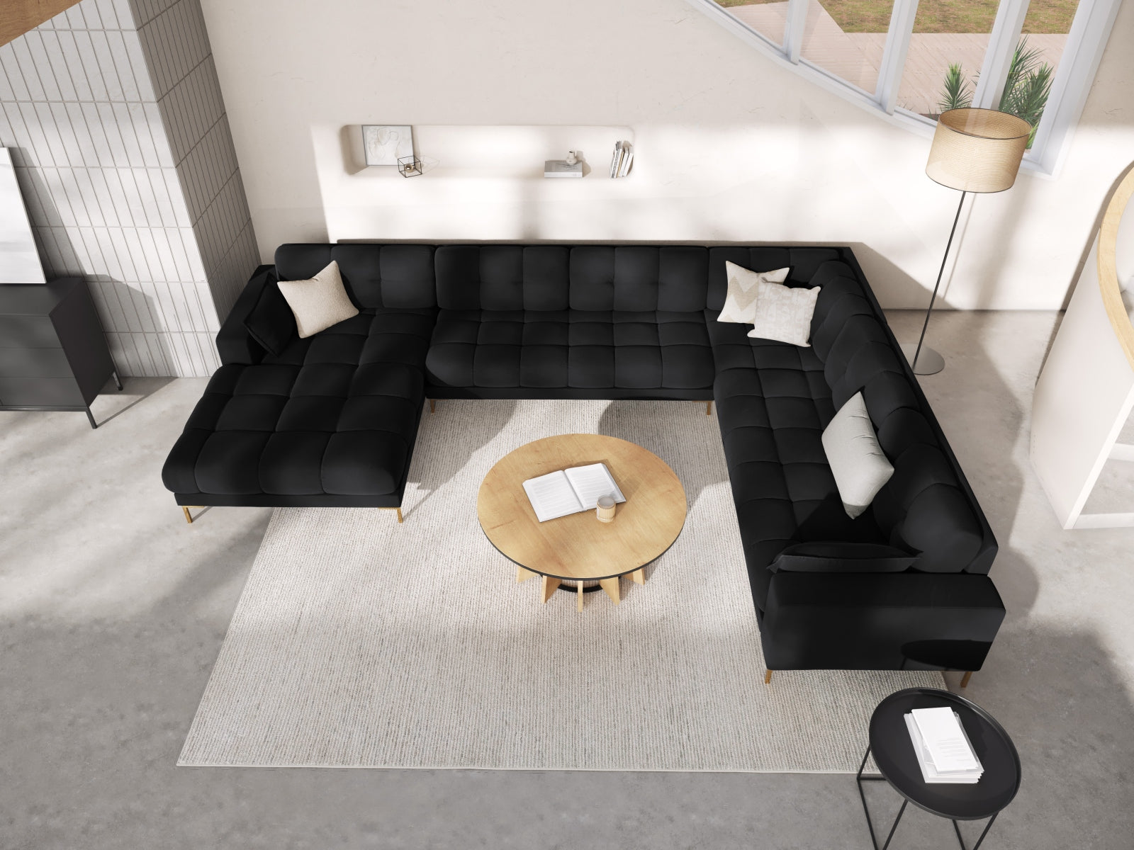 Mamaia Velour Panoramic Ecksofa rechts 7 Sitzer in Black/Gold präsentiert im Onlineshop von KAQTU Design AG. Ecksofa rechts ist von Micadoni