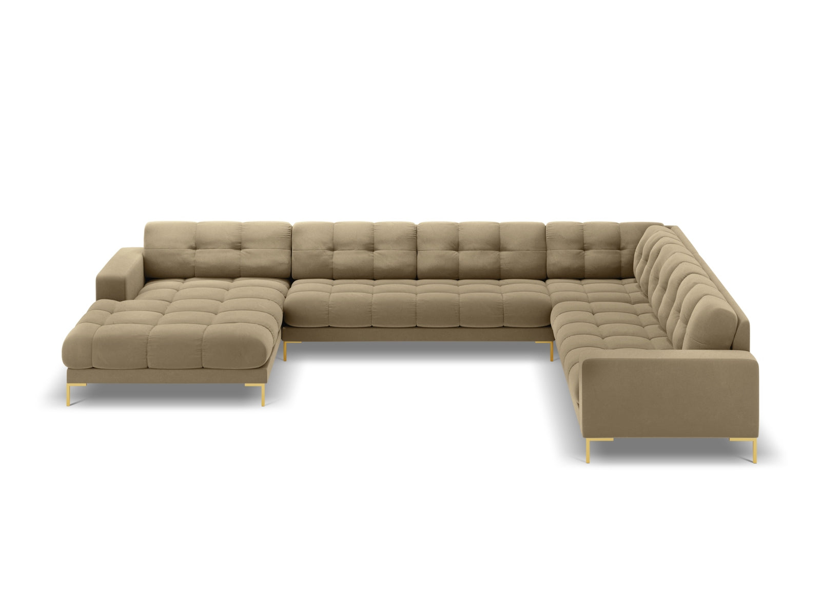 Mamaia Velour Panoramic Ecksofa rechts 7 Sitzer in Beige/Gold präsentiert im Onlineshop von KAQTU Design AG. Ecksofa rechts ist von Micadoni