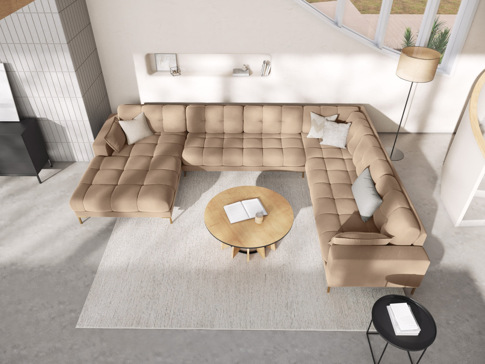 Mamaia Velour Panoramic Ecksofa rechts 7 Sitzer in Beige/Gold präsentiert im Onlineshop von KAQTU Design AG. Ecksofa rechts ist von Micadoni