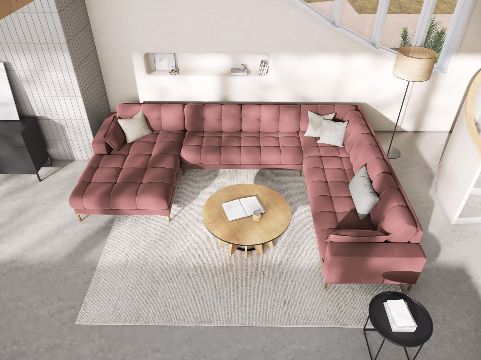 Mamaia Velour Panoramic Ecksofa rechts 7 Sitzer in Pink/Gold präsentiert im Onlineshop von KAQTU Design AG. Ecksofa rechts ist von Micadoni