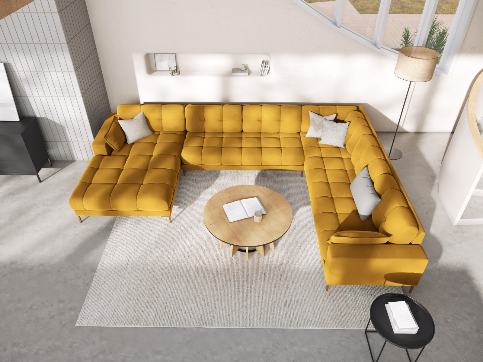 Mamaia Velour Panoramic Ecksofa rechts 7 Sitzer in Yellow/Gold präsentiert im Onlineshop von KAQTU Design AG. Ecksofa rechts ist von Micadoni