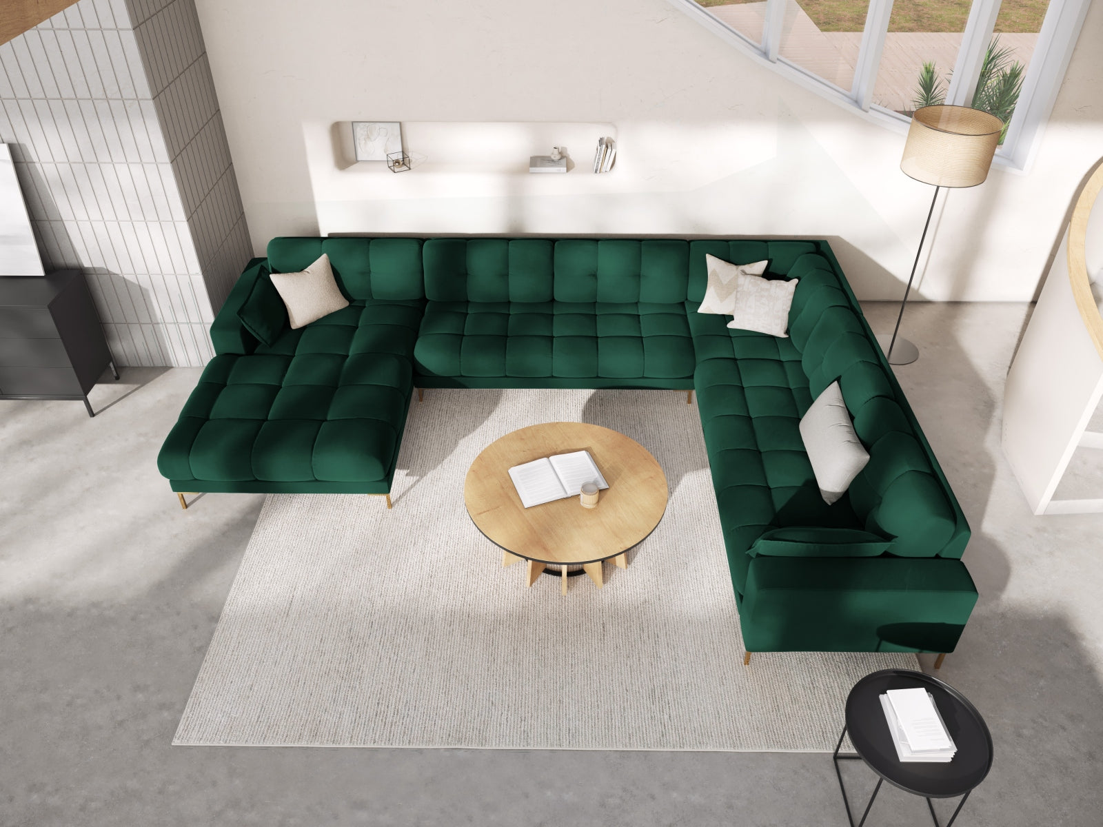 Mamaia Velour Panoramic Ecksofa rechts 7 Sitzer in Bottle Green/Gold präsentiert im Onlineshop von KAQTU Design AG. Ecksofa rechts ist von Micadoni