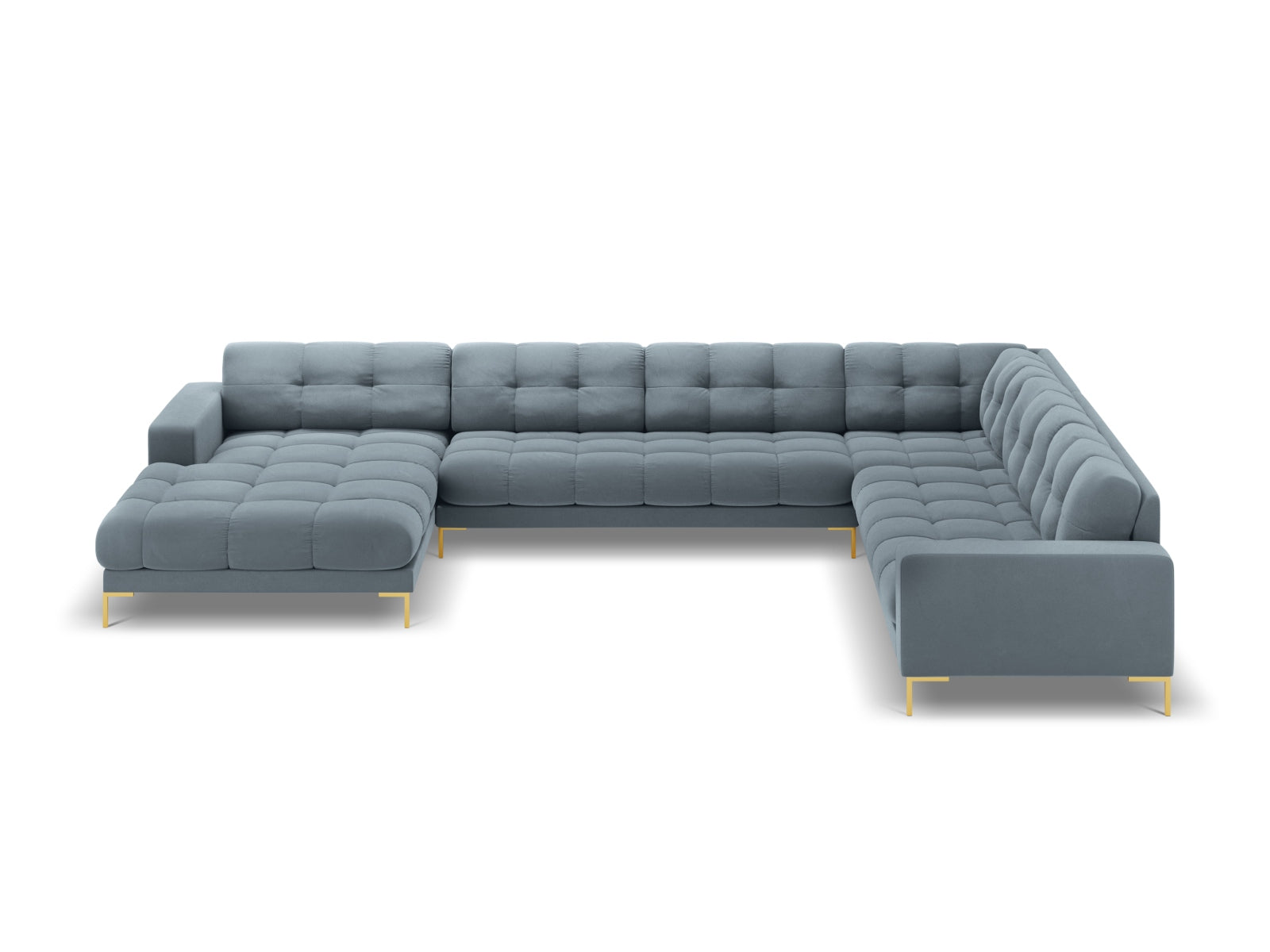 Mamaia Velour Panoramic Ecksofa rechts 7 Sitzer in Light Blue/Gold präsentiert im Onlineshop von KAQTU Design AG. Ecksofa rechts ist von Micadoni