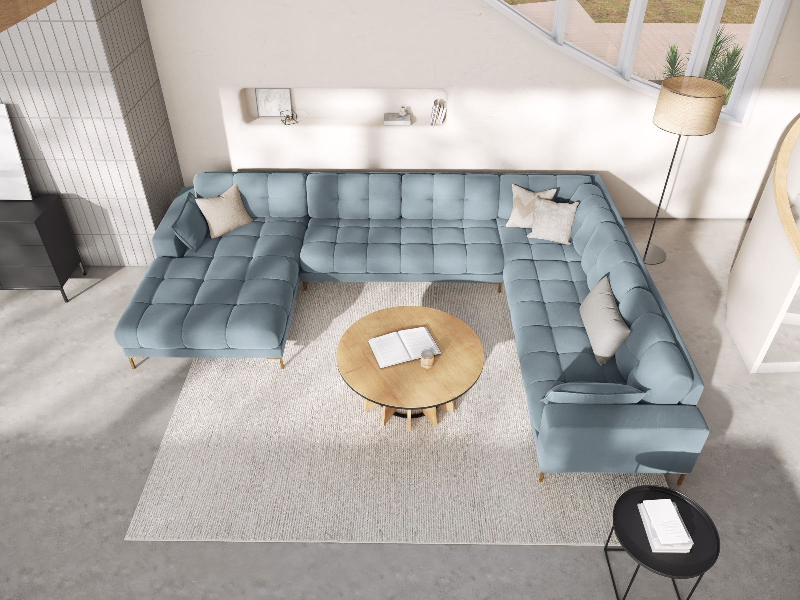 Mamaia Velour Panoramic Ecksofa rechts 7 Sitzer in Light Blue/Gold präsentiert im Onlineshop von KAQTU Design AG. Ecksofa rechts ist von Micadoni