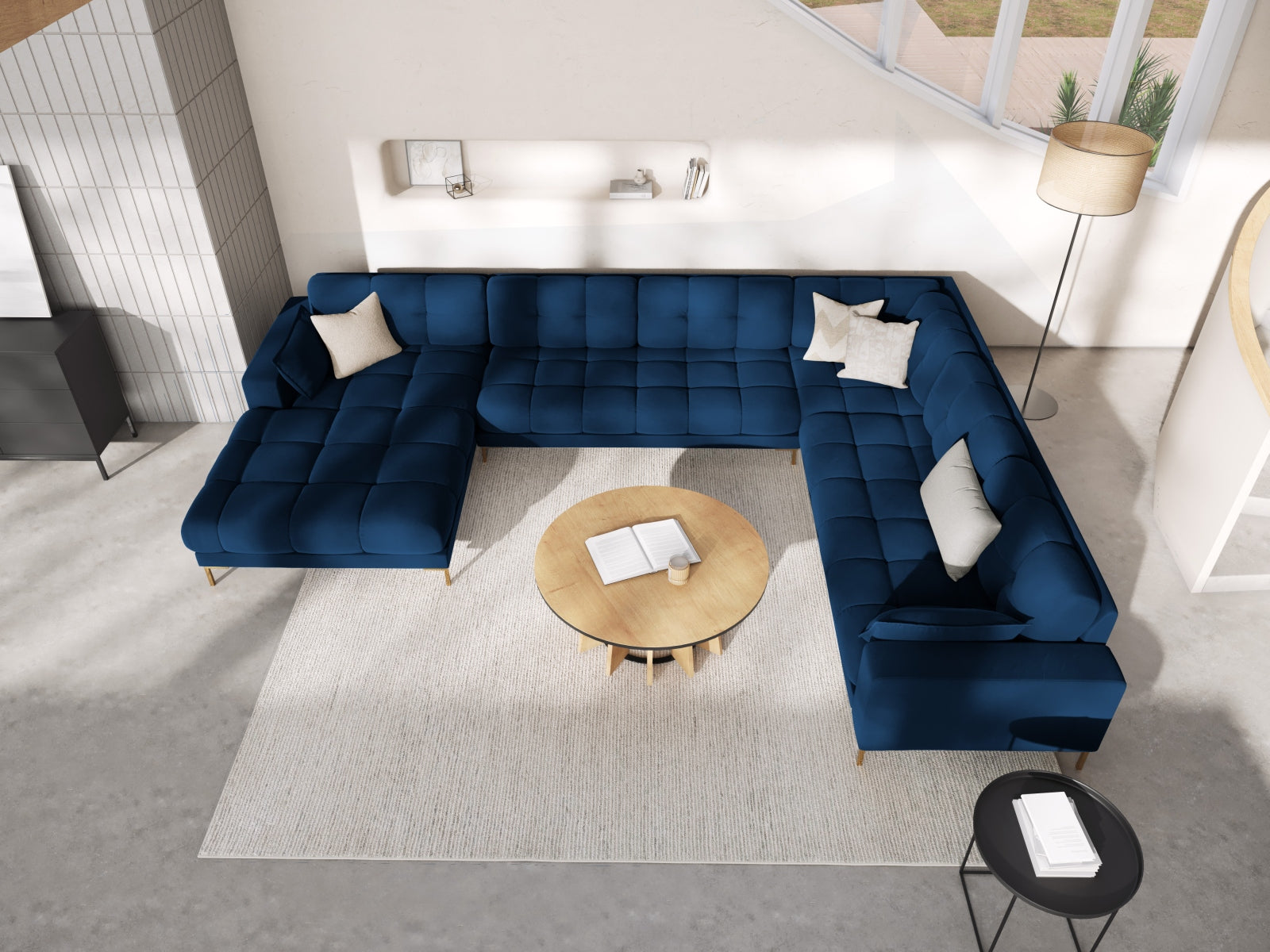 Mamaia Velour Panoramic Ecksofa rechts 7 Sitzer in Royal Blue/Gold präsentiert im Onlineshop von KAQTU Design AG. Ecksofa rechts ist von Micadoni