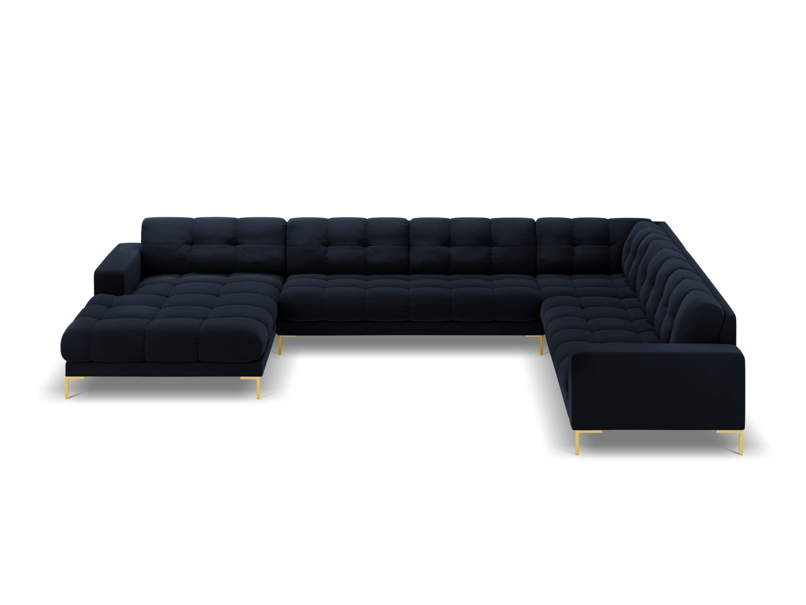 Mamaia Velour Panoramic Ecksofa rechts 7 Sitzer in Dark Blue/Gold präsentiert im Onlineshop von KAQTU Design AG. Ecksofa rechts ist von Micadoni