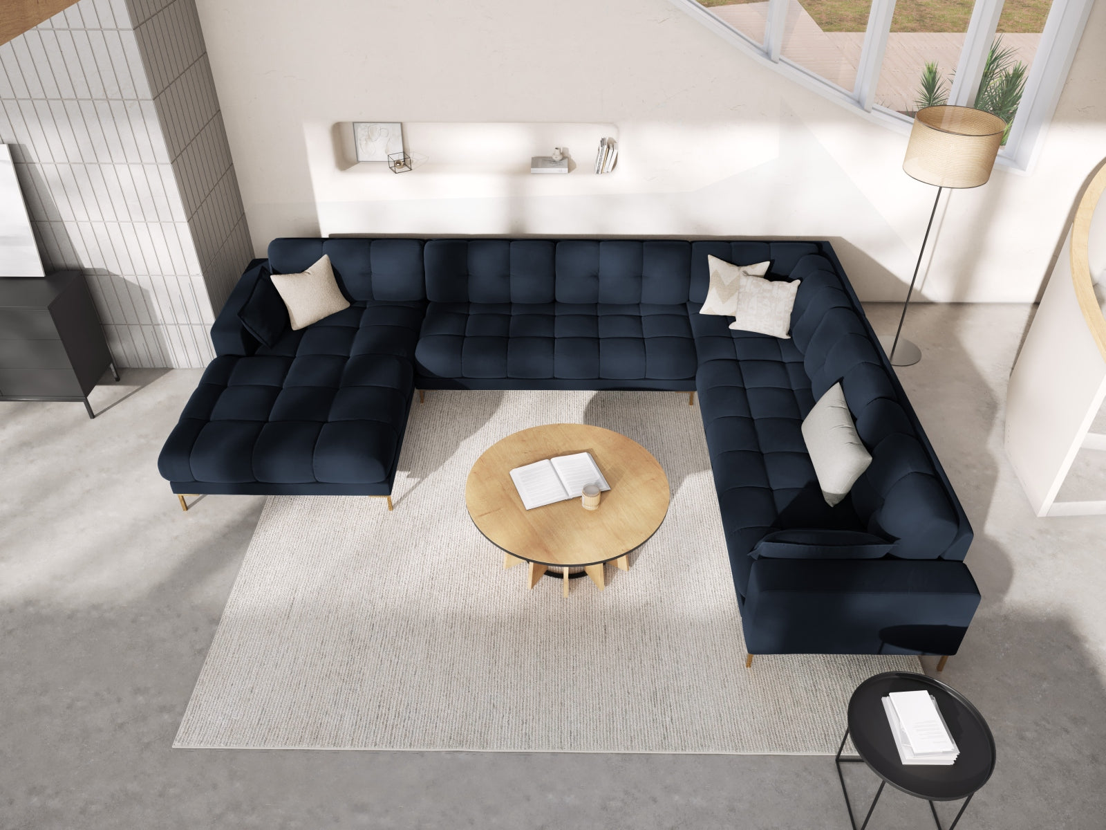 Mamaia Velour Panoramic Ecksofa rechts 7 Sitzer in Dark Blue/Gold präsentiert im Onlineshop von KAQTU Design AG. Ecksofa rechts ist von Micadoni