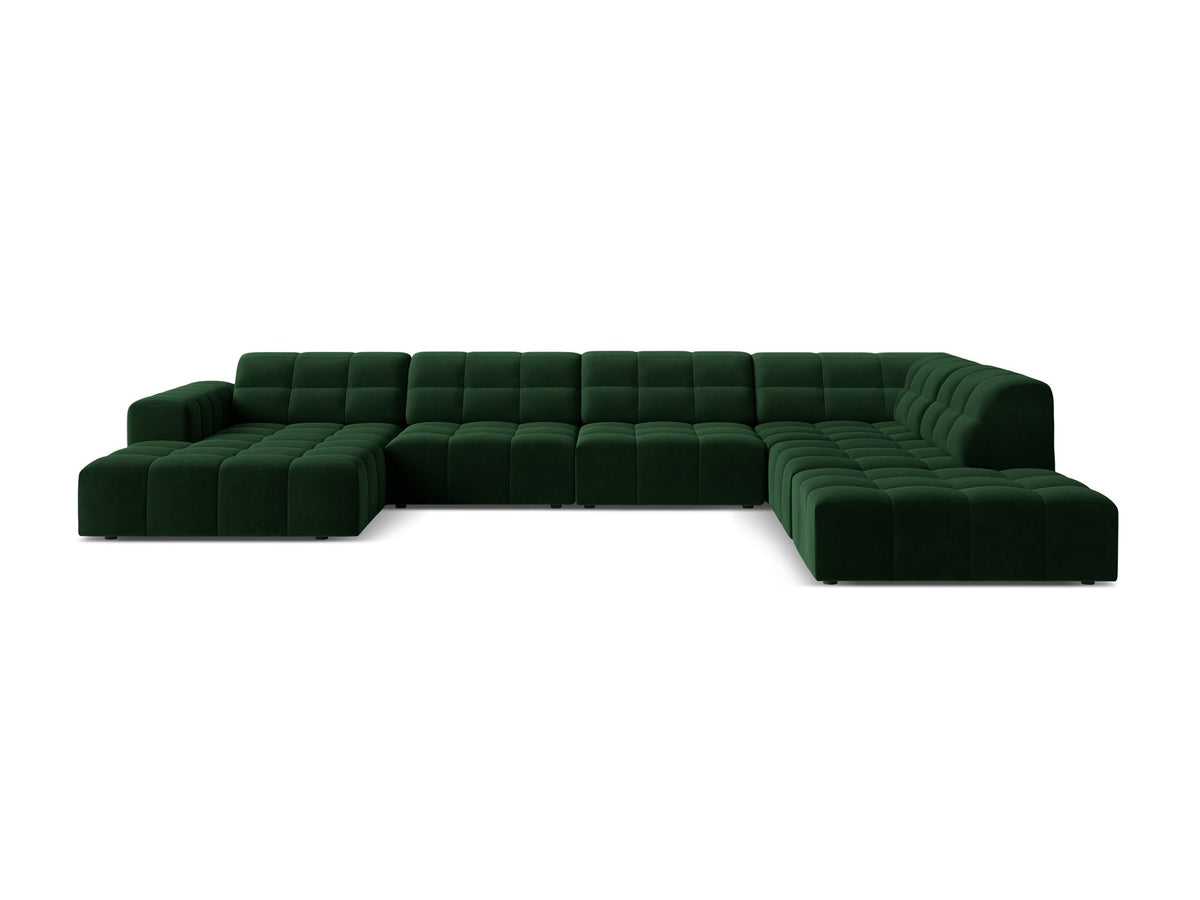 Panoramasofa Jennifer von Micadoni in leichtem Beige, Ecksofa rechts mit Bluvel-Stoffbezug, Rückenlehne und schwarzen Kunststoffbeinen aus Polypropylen.