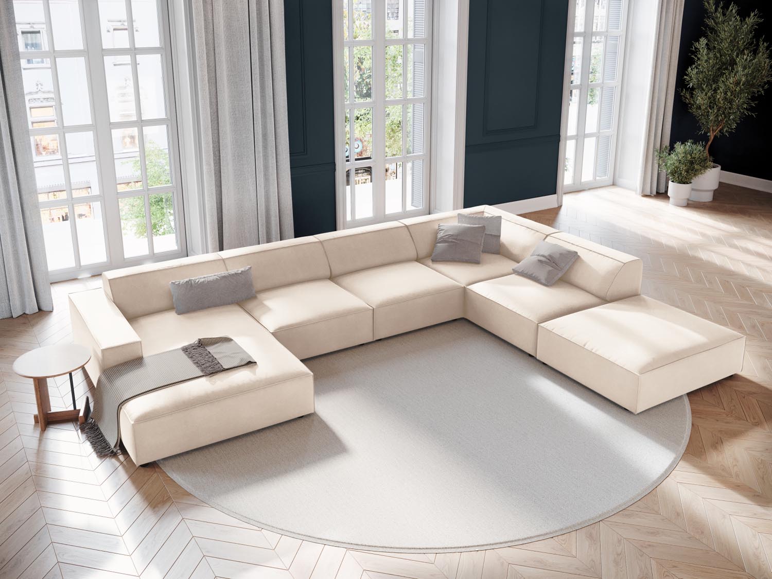 Jodie Velour modulares Panoramic Ecksofa rechts 7 Sitzer in Light Beige-Bluvel präsentiert im Onlineshop von KAQTU Design AG. Ecksofa rechts ist von Micadoni
