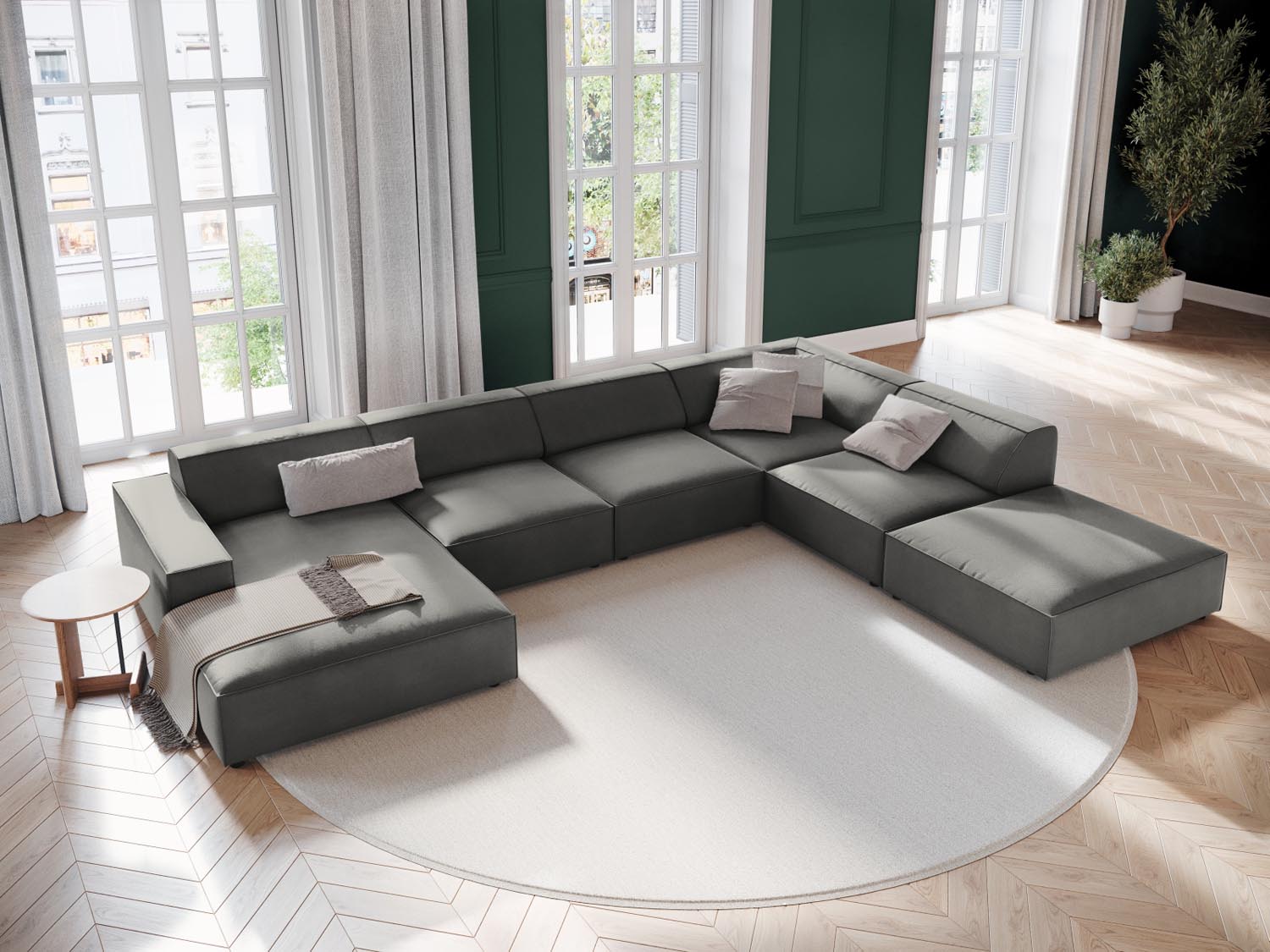 Elegantes, modulares 7-Sitzer Ecksofa Jodie in Velours, rechtsseitig, in sanftem Light Grey-Bluvel, ideal für stilvolle Wohnräume.