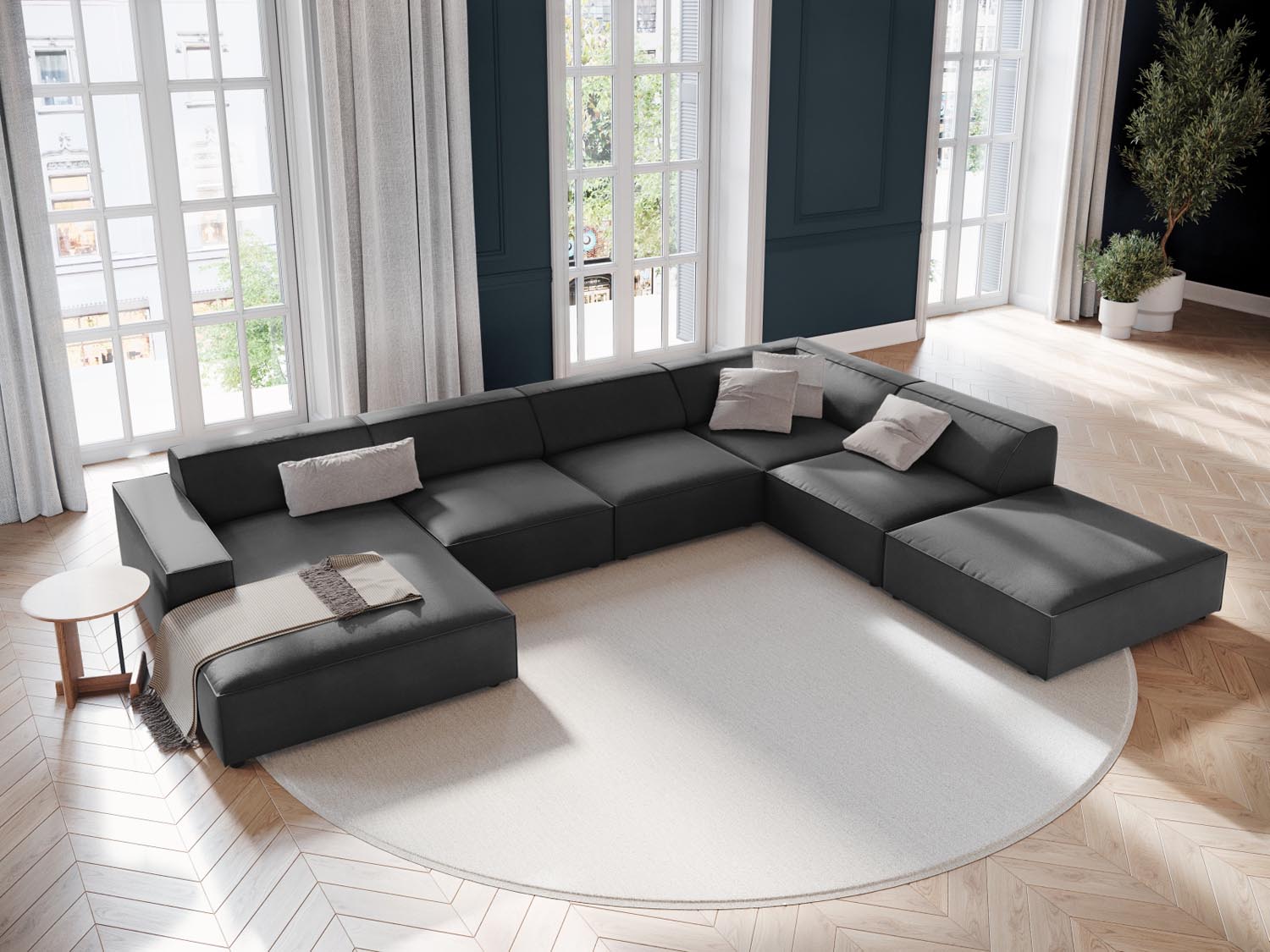Elegantes Jodie Velour Ecksofa in Grau-Blau, 7-Sitzer, ideal für stilvolle Wohnräume, präsentiert in modernem Ambiente.