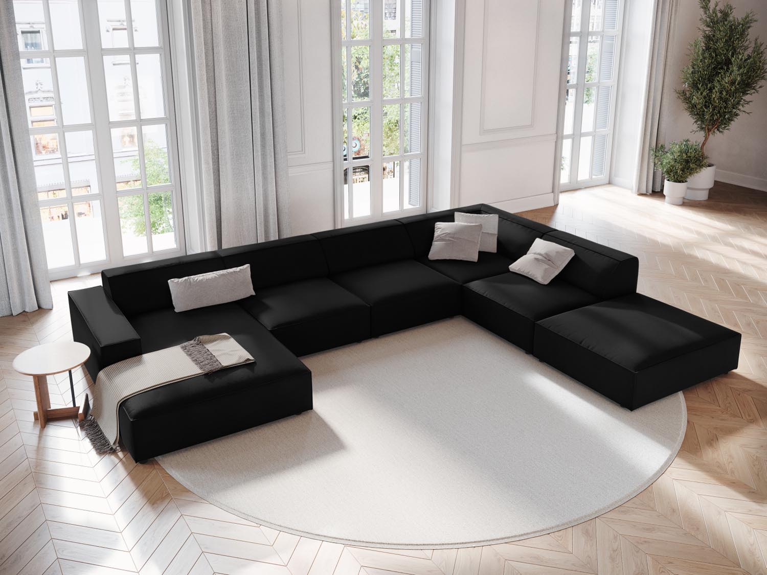 Elegantes, modulares 7-Sitzer Ecksofa Jodie in Velours, rechtsseitig, ideal für stilvolle Wohnräume.