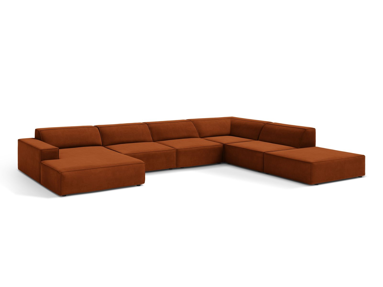 Elegantes, modulares 7-Sitzer Ecksofa Jodie in Terracotta-Bluvel, ideal für stilvolle Wohnräume, präsentiert von Micadoni.