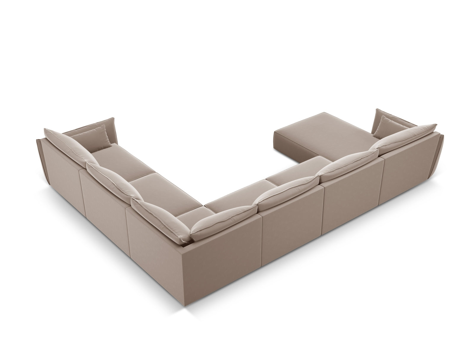 Luxuriöses Kaelle Velour Panoramic Ecksofa rechts für 8 Personen in edlem Cappuccino-Bluvel, perfekt für stilvolle Wohnzimmer.