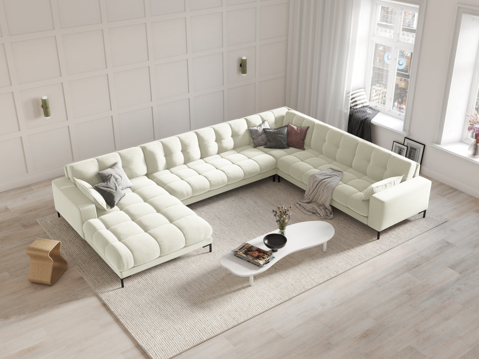 Mamaia Velour Panoramic Ecksofa rechts 7 Sitzer in Light Beige/Schwarz präsentiert im Onlineshop von KAQTU Design AG. Ecksofa rechts ist von Micadoni