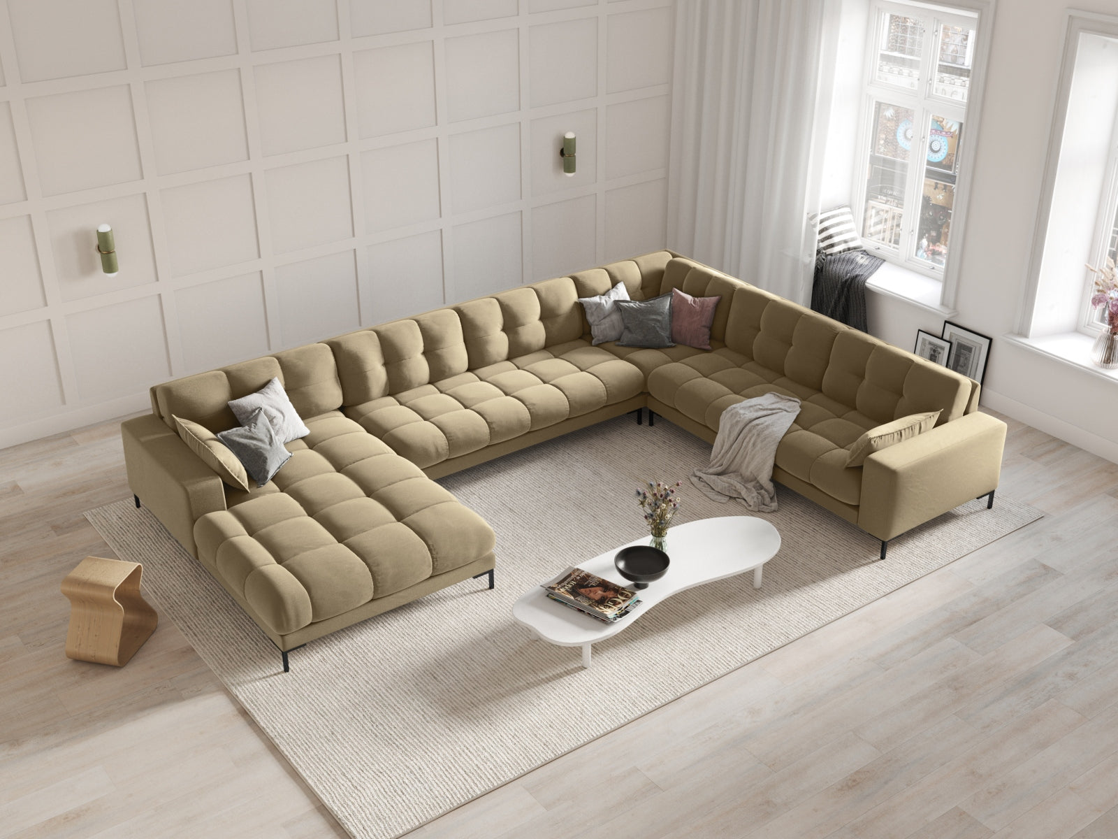 Mamaia Velour Panoramic Ecksofa rechts 7 Sitzer in Beige/Schwarz präsentiert im Onlineshop von KAQTU Design AG. Ecksofa rechts ist von Micadoni