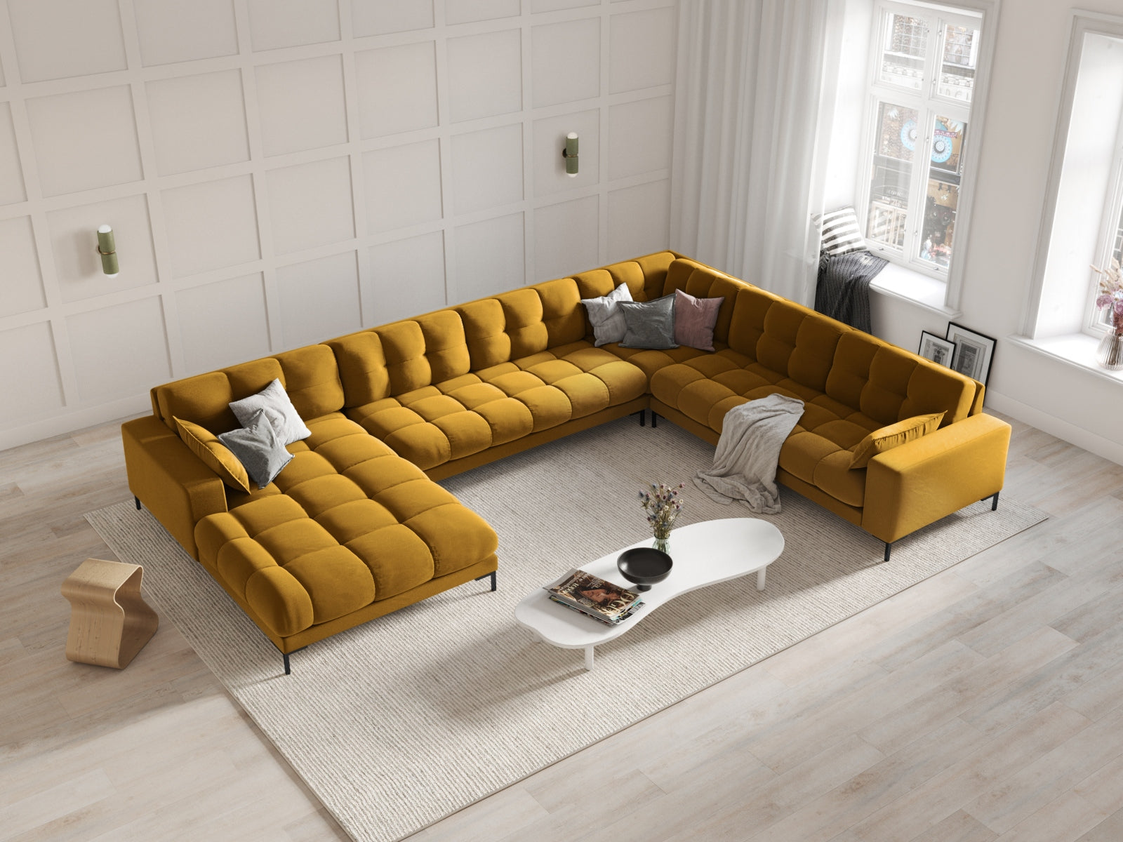 Mamaia Velour Panoramic Ecksofa rechts 7 Sitzer in Yellow/Schwarz präsentiert im Onlineshop von KAQTU Design AG. Ecksofa rechts ist von Micadoni