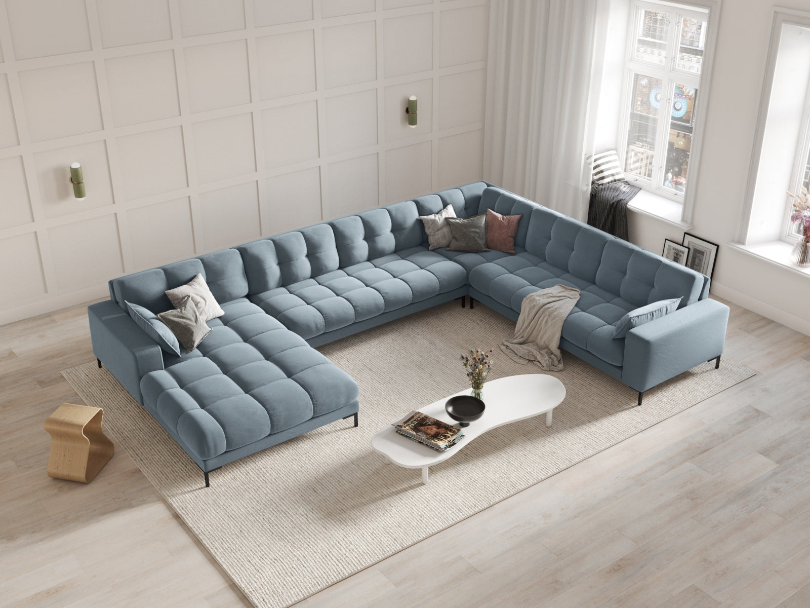Mamaia Velour Panoramic Ecksofa rechts 7 Sitzer in Light Blue/Schwarz präsentiert im Onlineshop von KAQTU Design AG. Ecksofa rechts ist von Micadoni