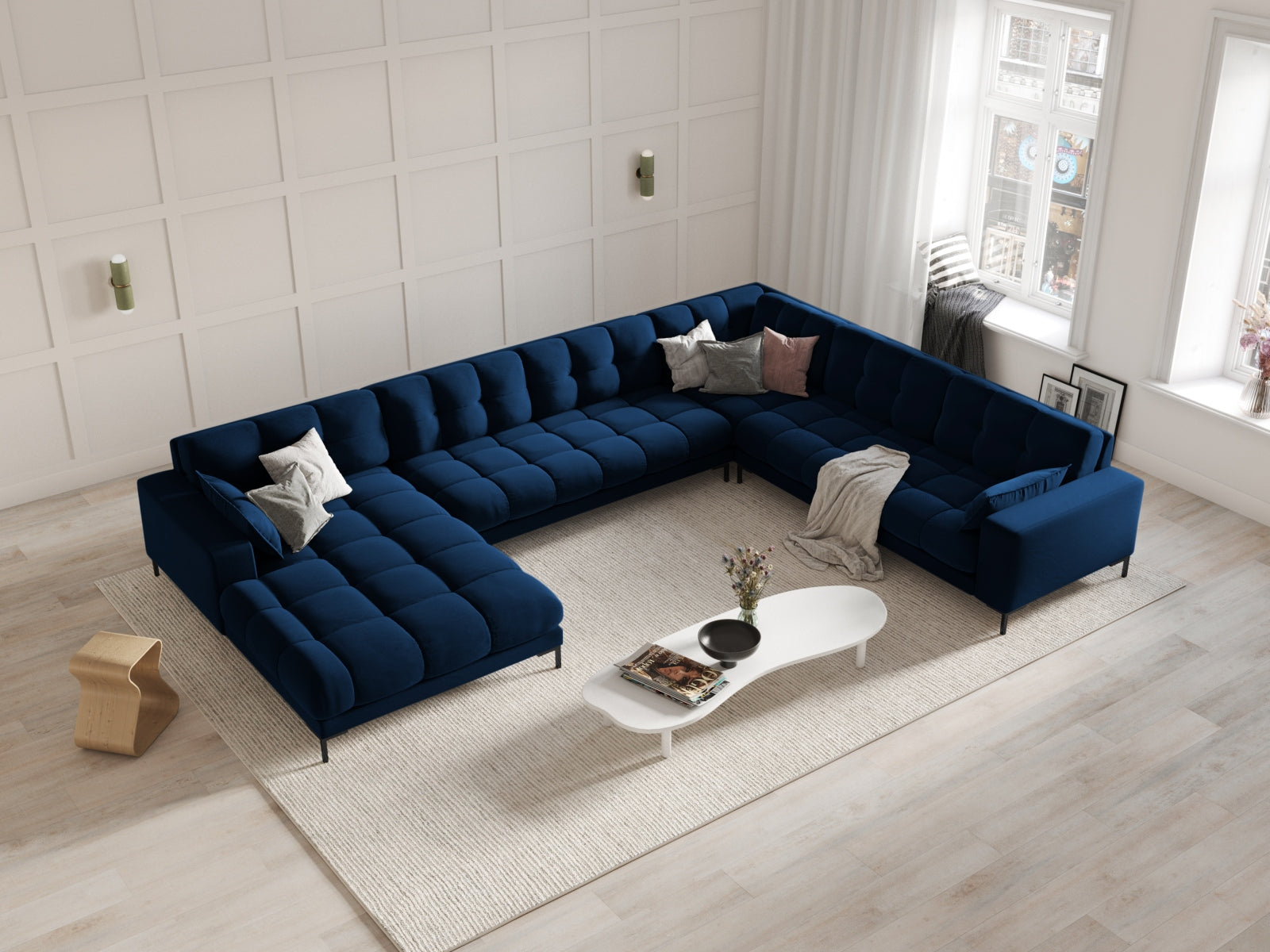 Mamaia Velour Panoramic Ecksofa rechts 7 Sitzer in Royal Blue/Schwarz präsentiert im Onlineshop von KAQTU Design AG. Ecksofa rechts ist von Micadoni