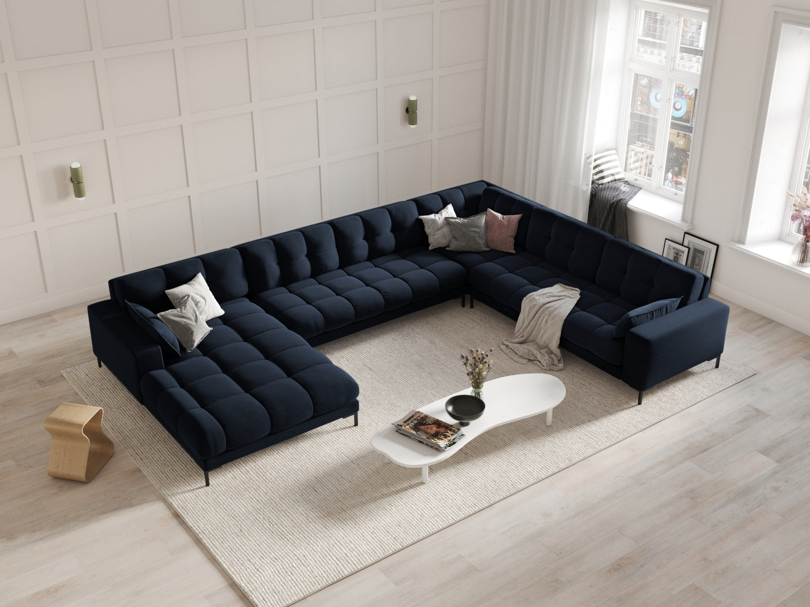 Mamaia Velour Panoramic Ecksofa rechts 7 Sitzer in Dark Blue/Schwarz präsentiert im Onlineshop von KAQTU Design AG. Ecksofa rechts ist von Micadoni