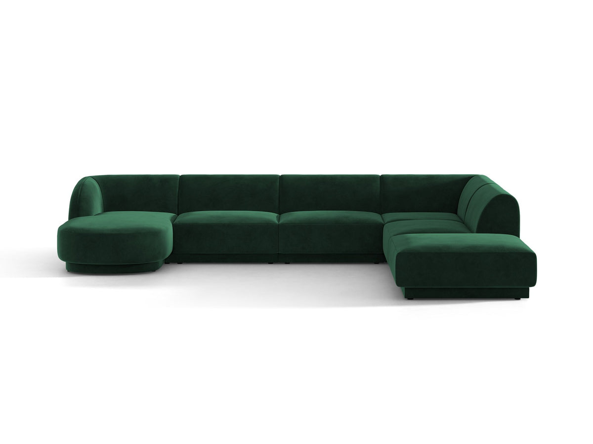 Dunkelbeiges Ecksofa rechts Miley von Micadoni mit Stoffbezug Bluvel, schwarzen Kunststoffbeinen und niedriger Rückenlehne.