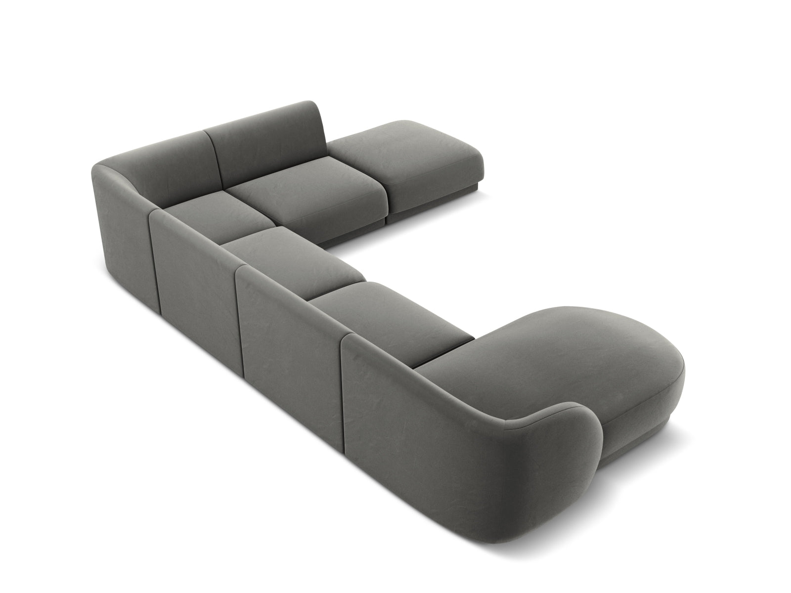 Elegantes Miley Velour Panoramic Ecksofa rechts für 6 Personen in sanftem Grau, ideal für entspannte Abende und stilvolle Einrichtung.