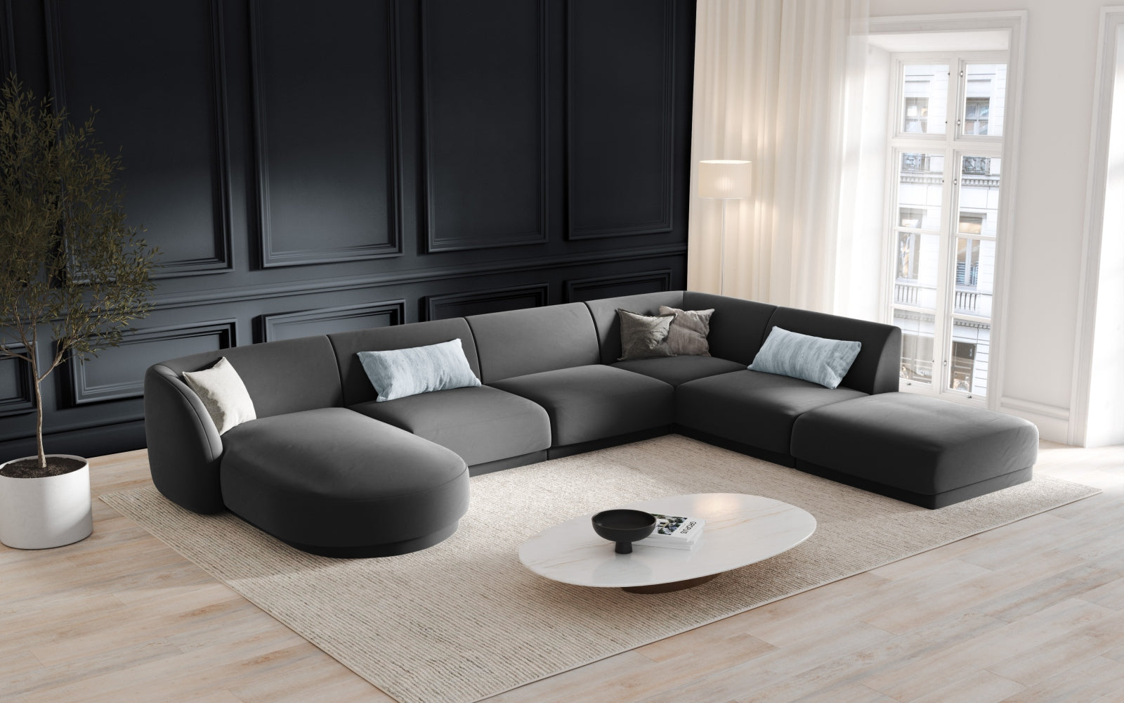 Elegantes Miley Velour Panoramic Ecksofa rechts für 6 Personen in stilvollem Grey-Bluvel, ideal für moderne Wohnräume.