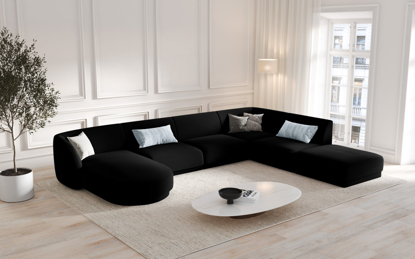Elegantes Miley Velour Panoramic Ecksofa rechts für 6 Personen in stilvollem Black-Bluvel, ideal für moderne Wohnräume.