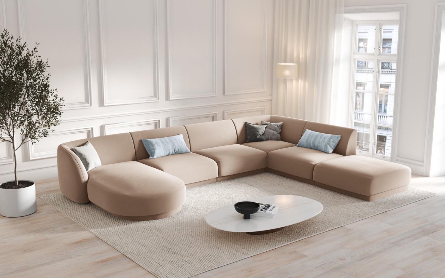 Elegantes Miley Velour Panoramic Ecksofa rechts, 6-Sitzer in stilvollem Cappuccino-Bluvel, ideal für moderne Wohnräume.