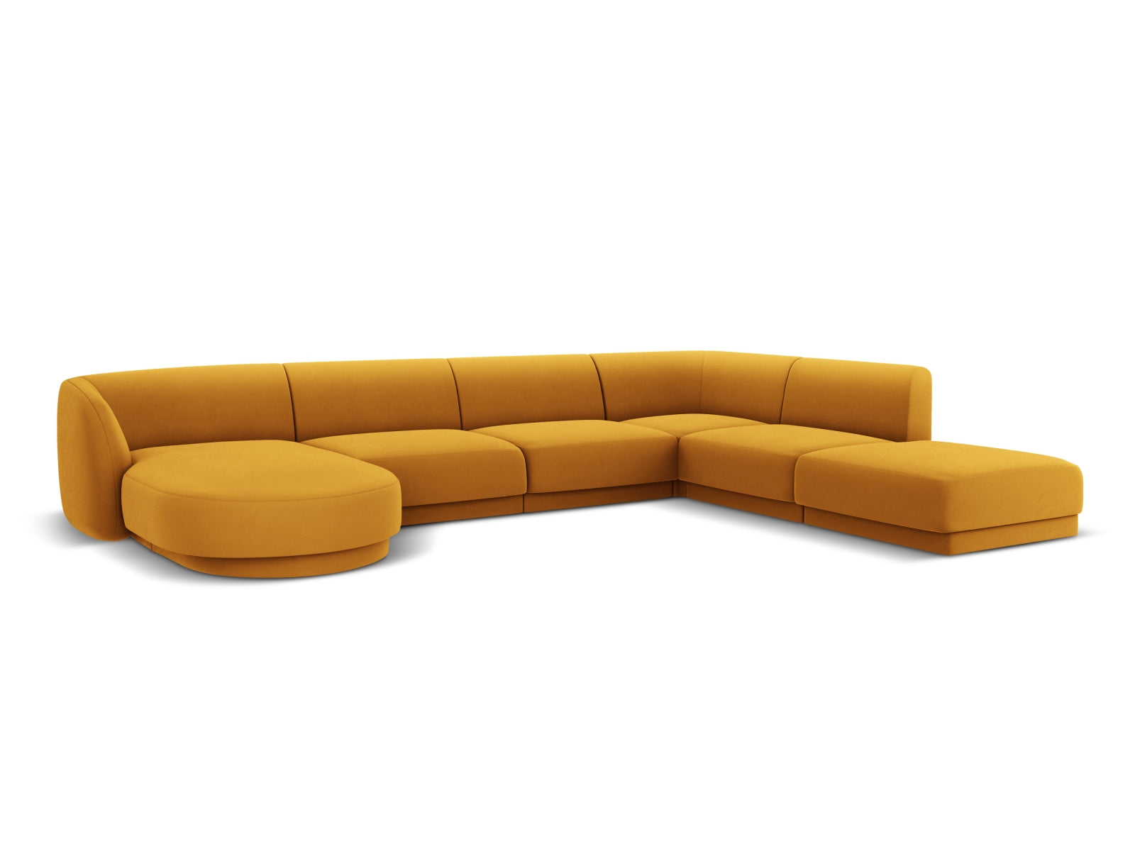 Stylisches Miley Velour Panoramic Ecksofa rechts für 6 Personen in ansprechenden Gelb- und Blautönen, perfekt für gemütliche Wohnzimmer.