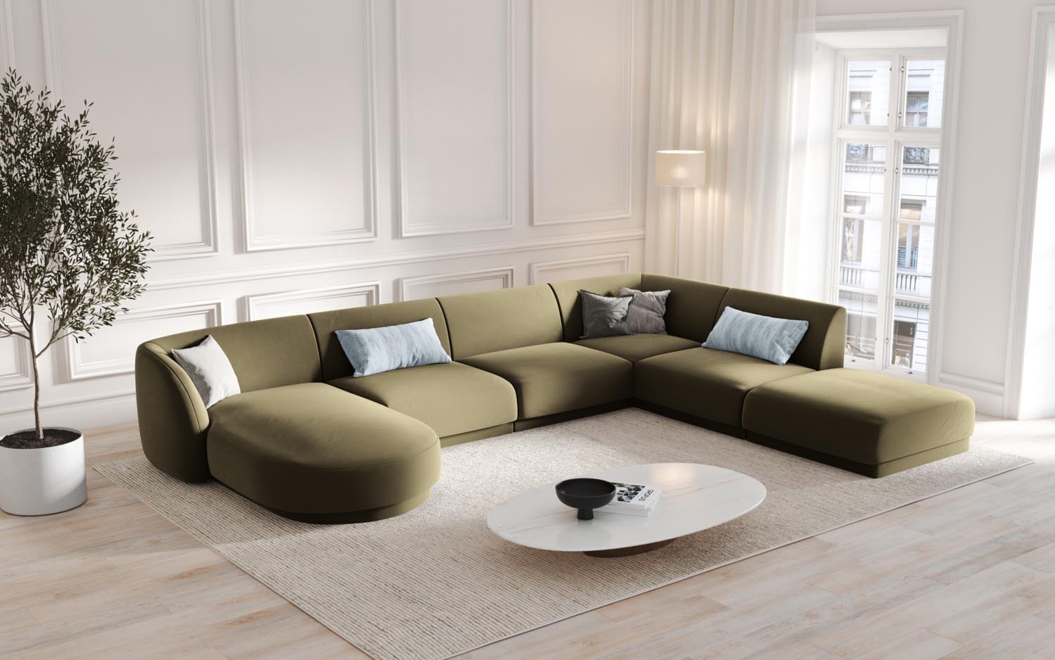 Elegantes Miley Velour Panoramic Ecksofa in stilvollem Green-Bluvel, ideal für moderne Wohnräume und gemütliche Abende.