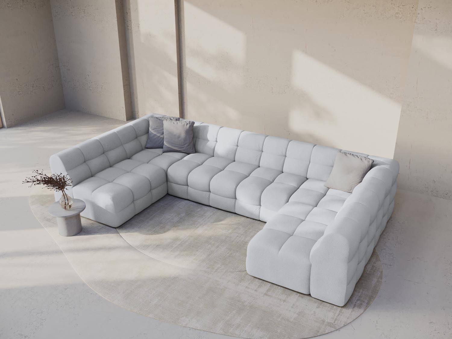 Elegantes Kendal Panoramic Ecksofa für 7 Personen in hellem Grau, ideal für stilvolle Wohnräume und gesellige Abende.